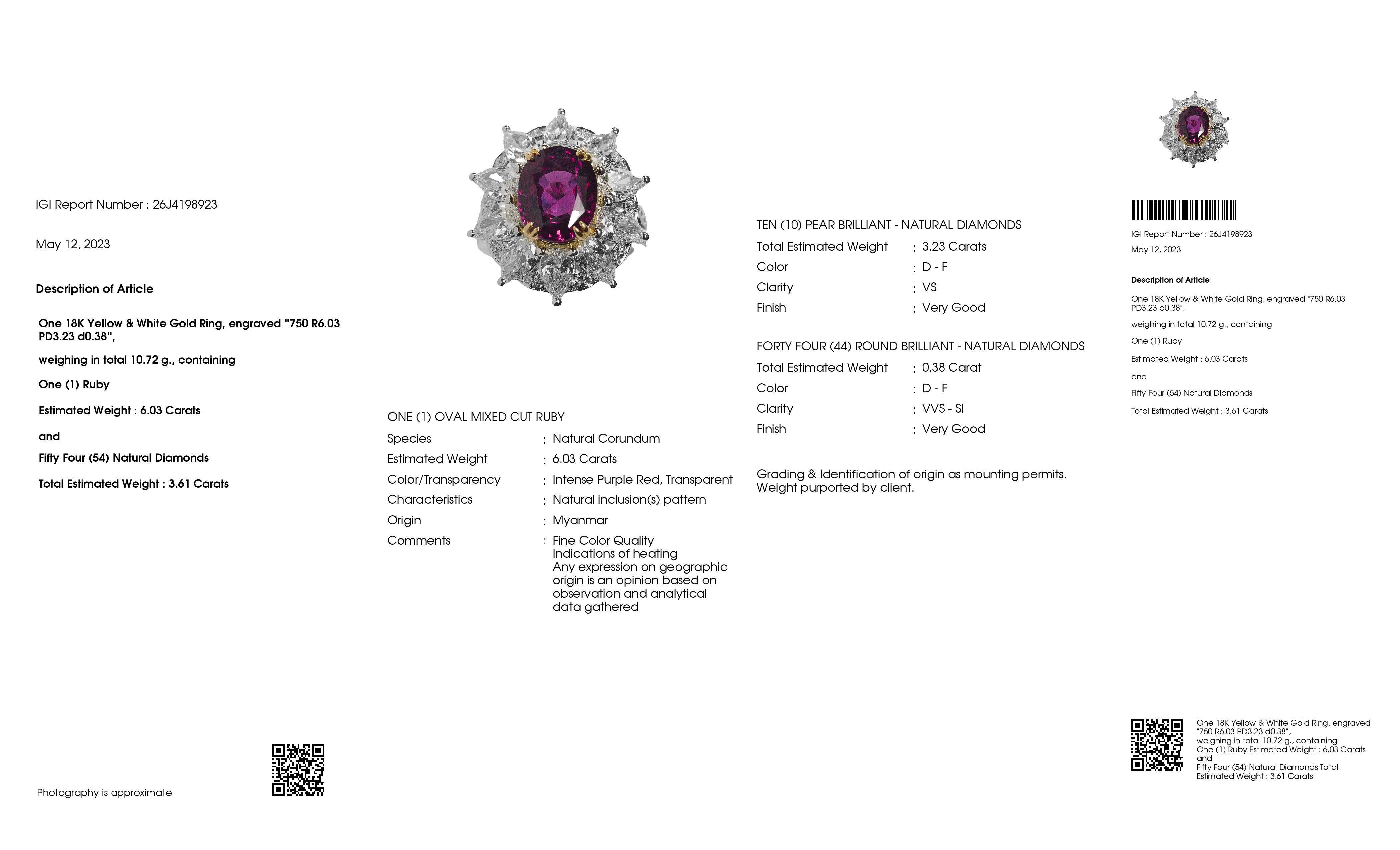 IGI Certified 6.03ct Burma Ruby 3.61ct Natural Diamonds 18K Gold Ring In New Condition For Sale In Hong Kong, HK