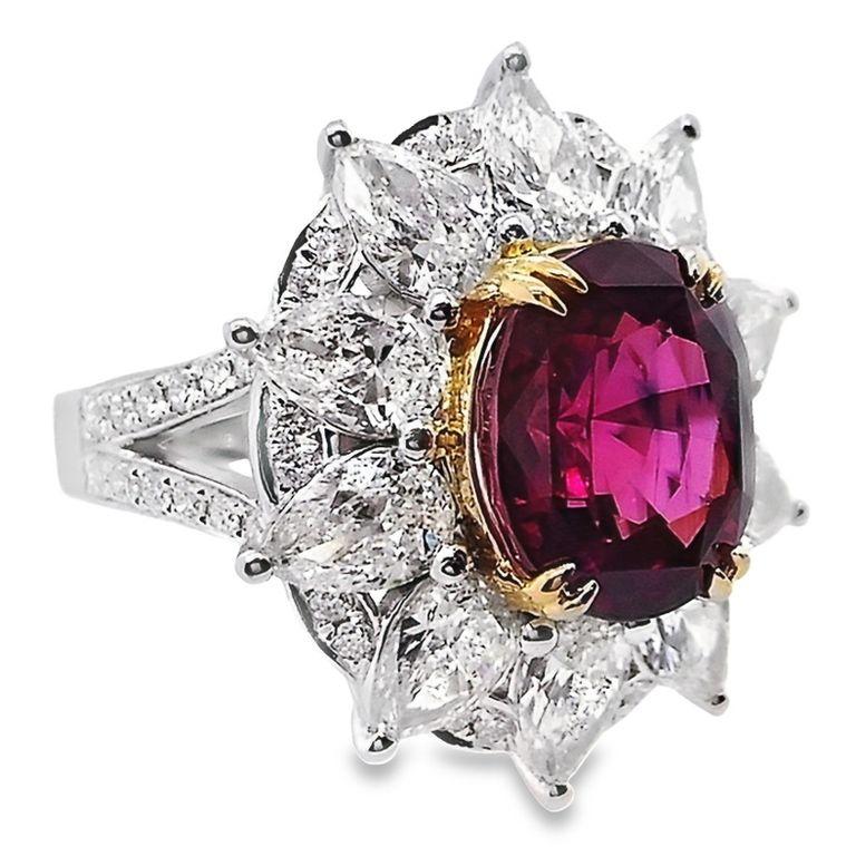 Women's or Men's IGI Certified 6.03ct Burma Ruby 3.61ct Natural Diamonds 18K Gold Ring For Sale