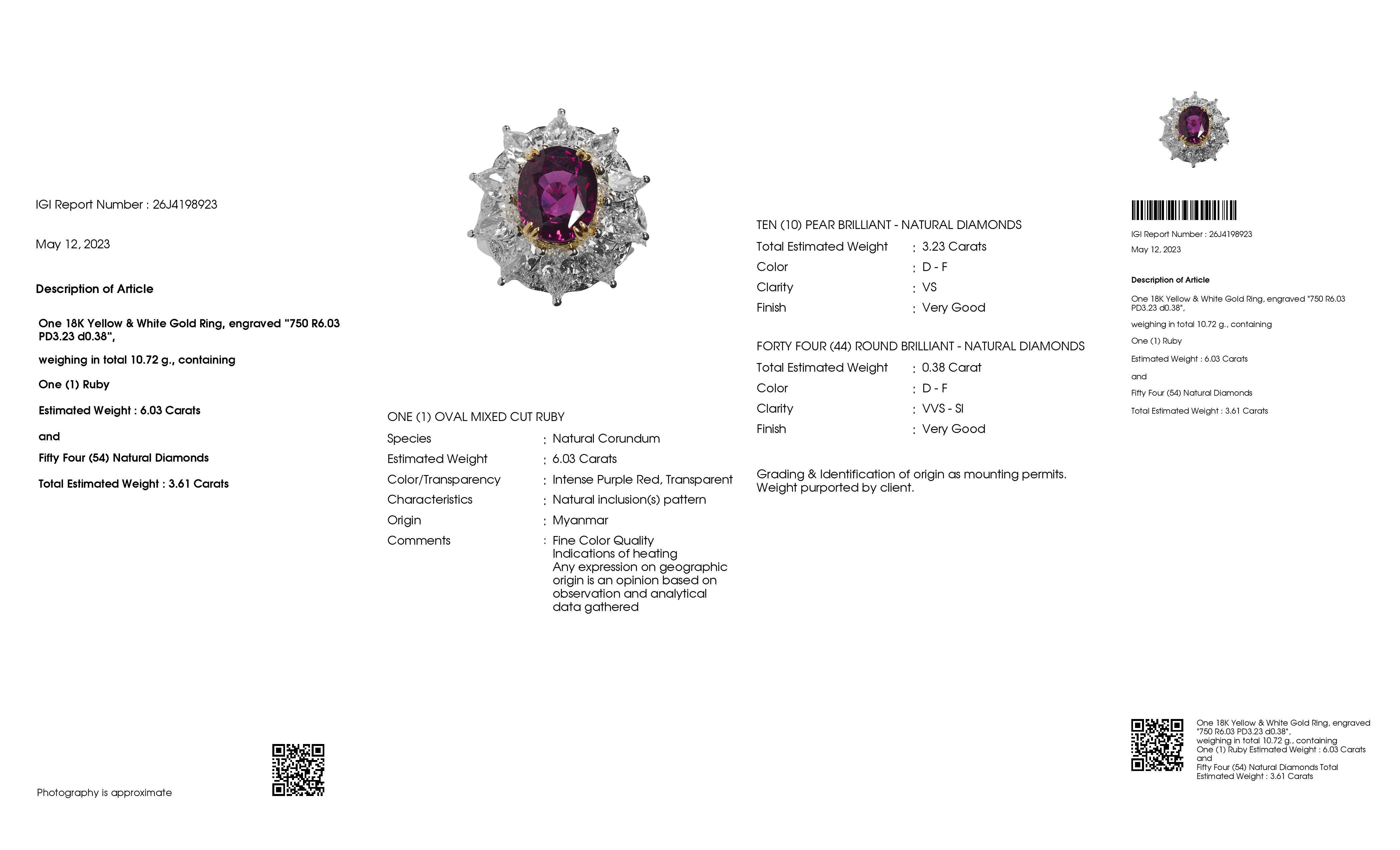 IGI Certified 6.03ct Burma Ruby 3.61ct Natural Diamonds 18K Gold Ring For Sale 2