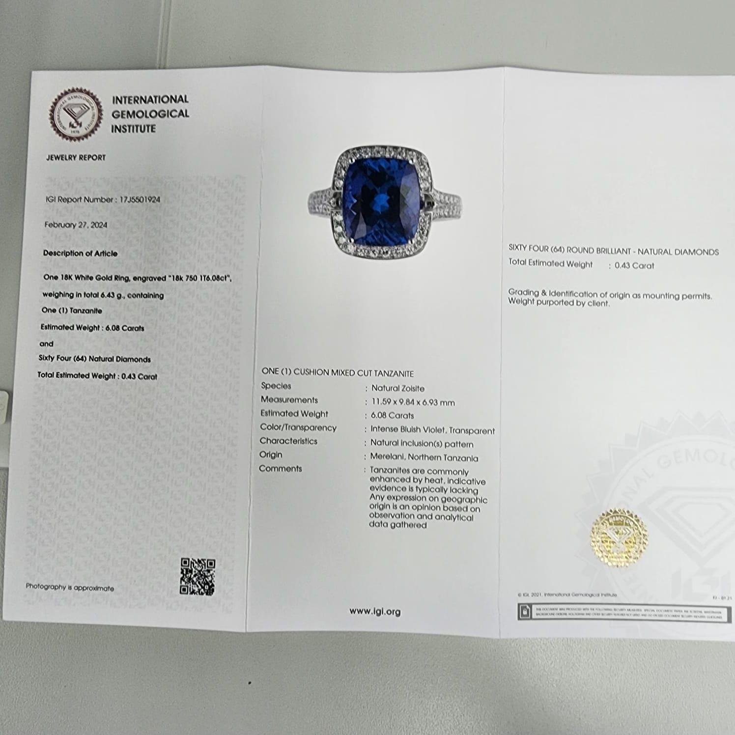 Anello Cocktail con diamante tanzanite certificato IGI da 6,08 carati in oro bianco 18 carati in vendita 3