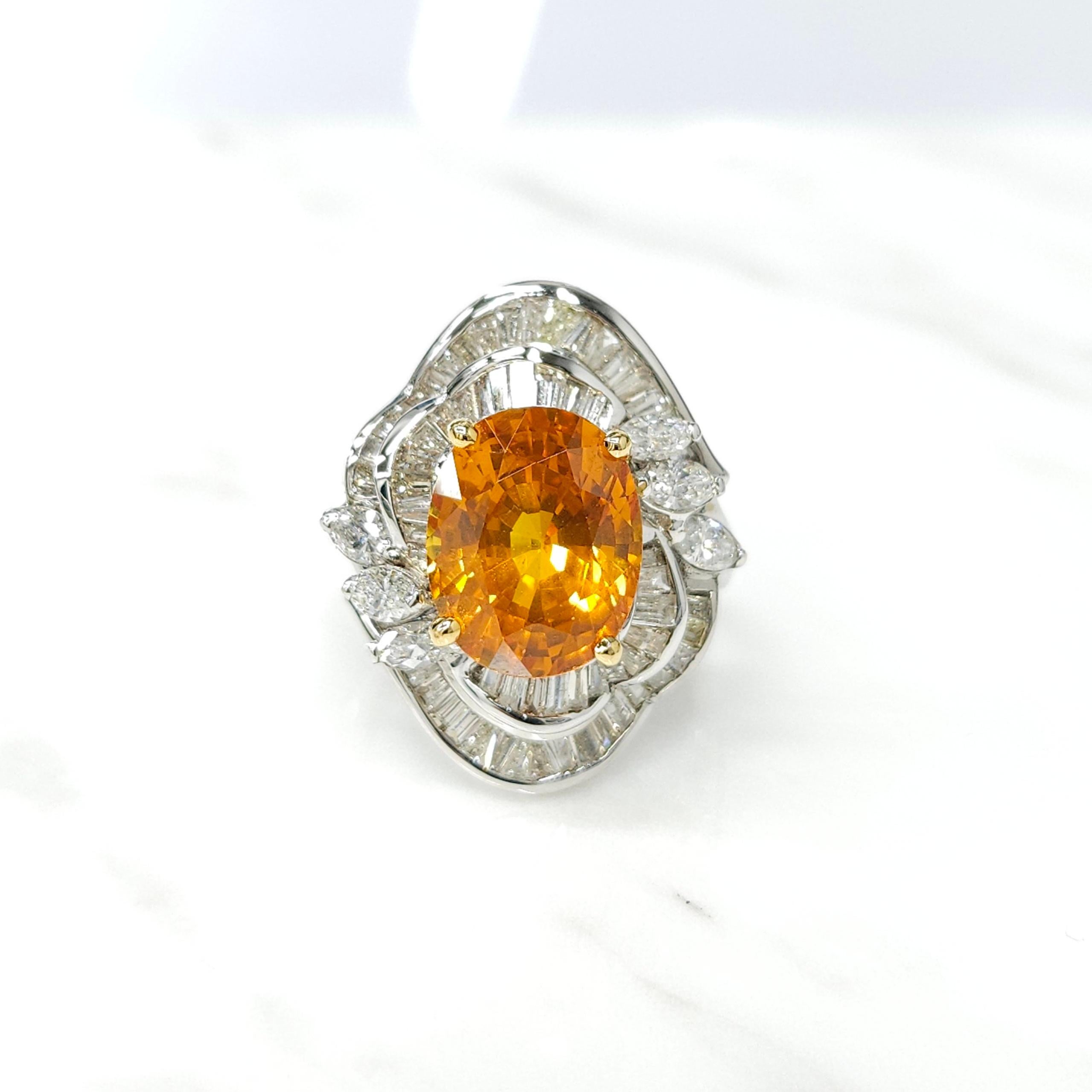 Modern IGI Certified 6.08Carat Ceylon Orange Sapphire & Diamond Ring in 18K White Gold For Sale
