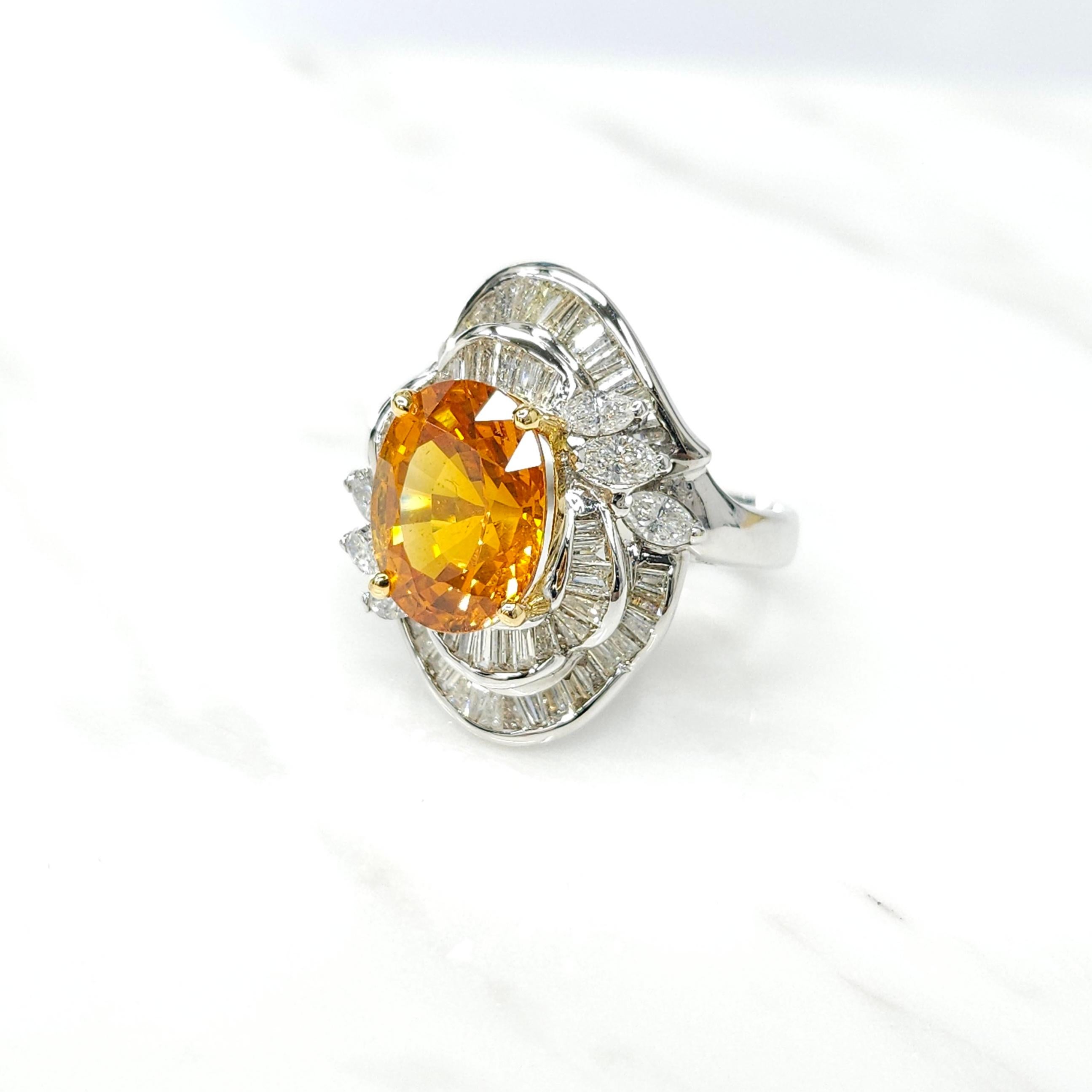 Oval Cut IGI Certified 6.08Carat Ceylon Orange Sapphire & Diamond Ring in 18K White Gold For Sale