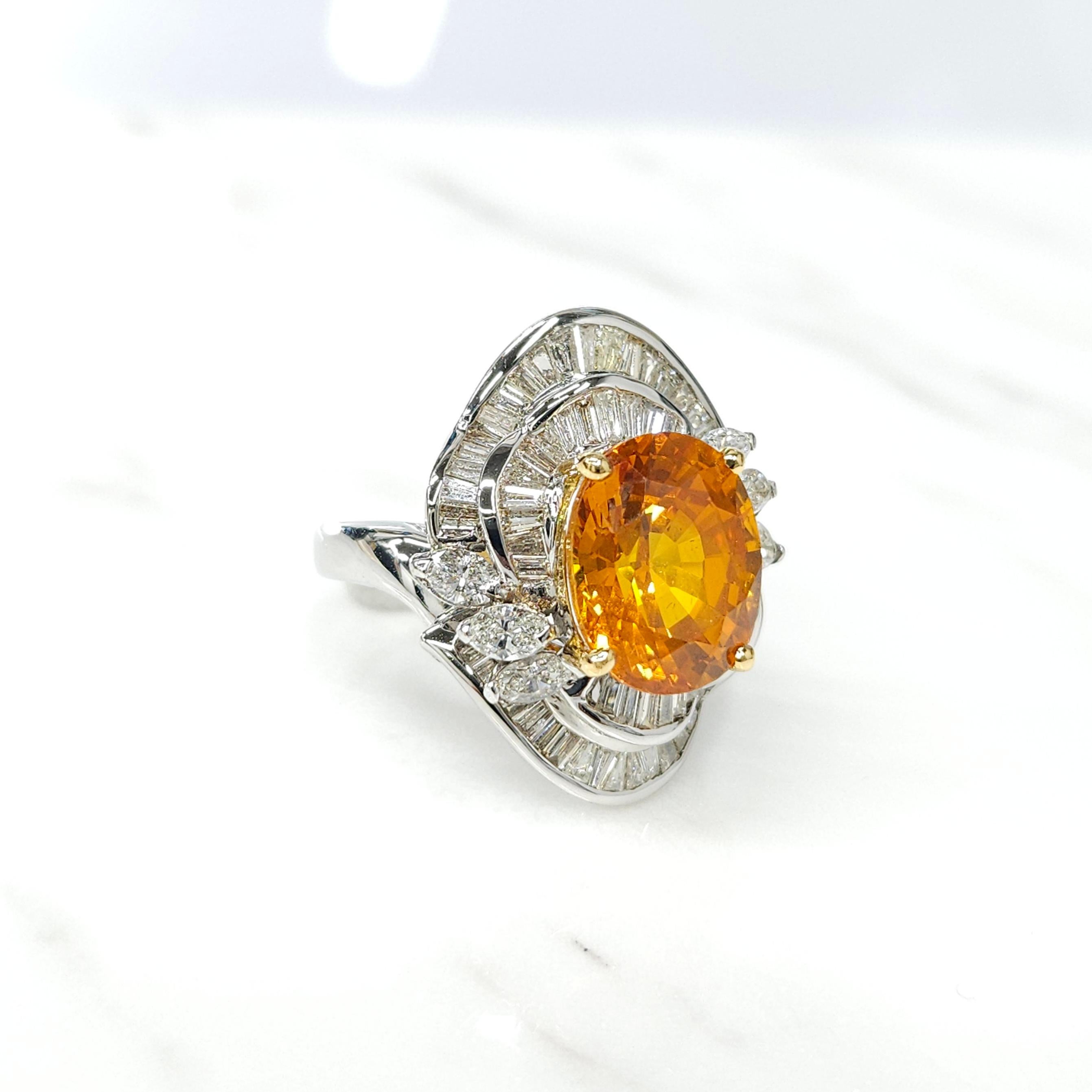 Women's IGI Certified 6.08Carat Ceylon Orange Sapphire & Diamond Ring in 18K White Gold For Sale