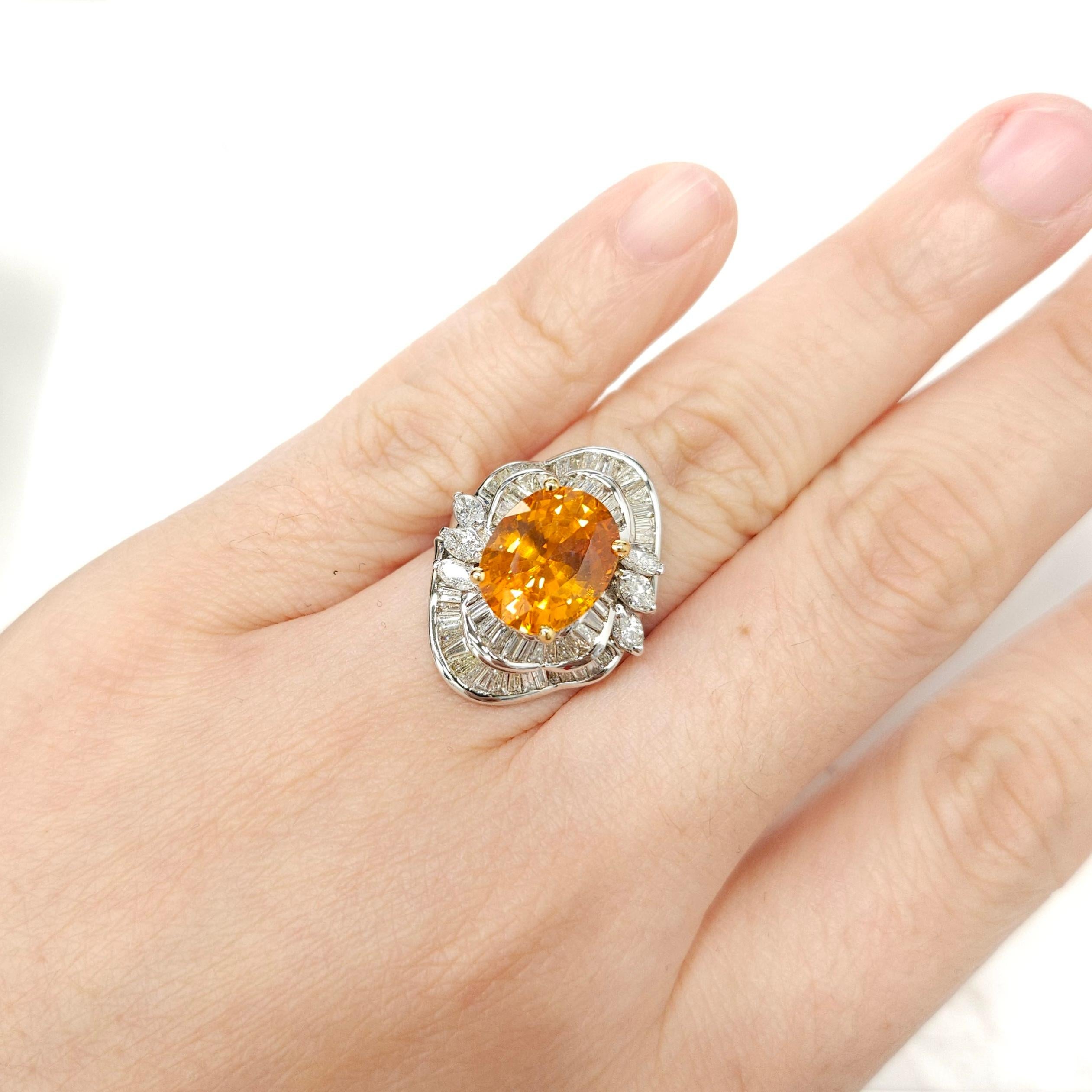 IGI Certified 6.08Carat Ceylon Orange Sapphire & Diamond Ring in 18K White Gold For Sale 2
