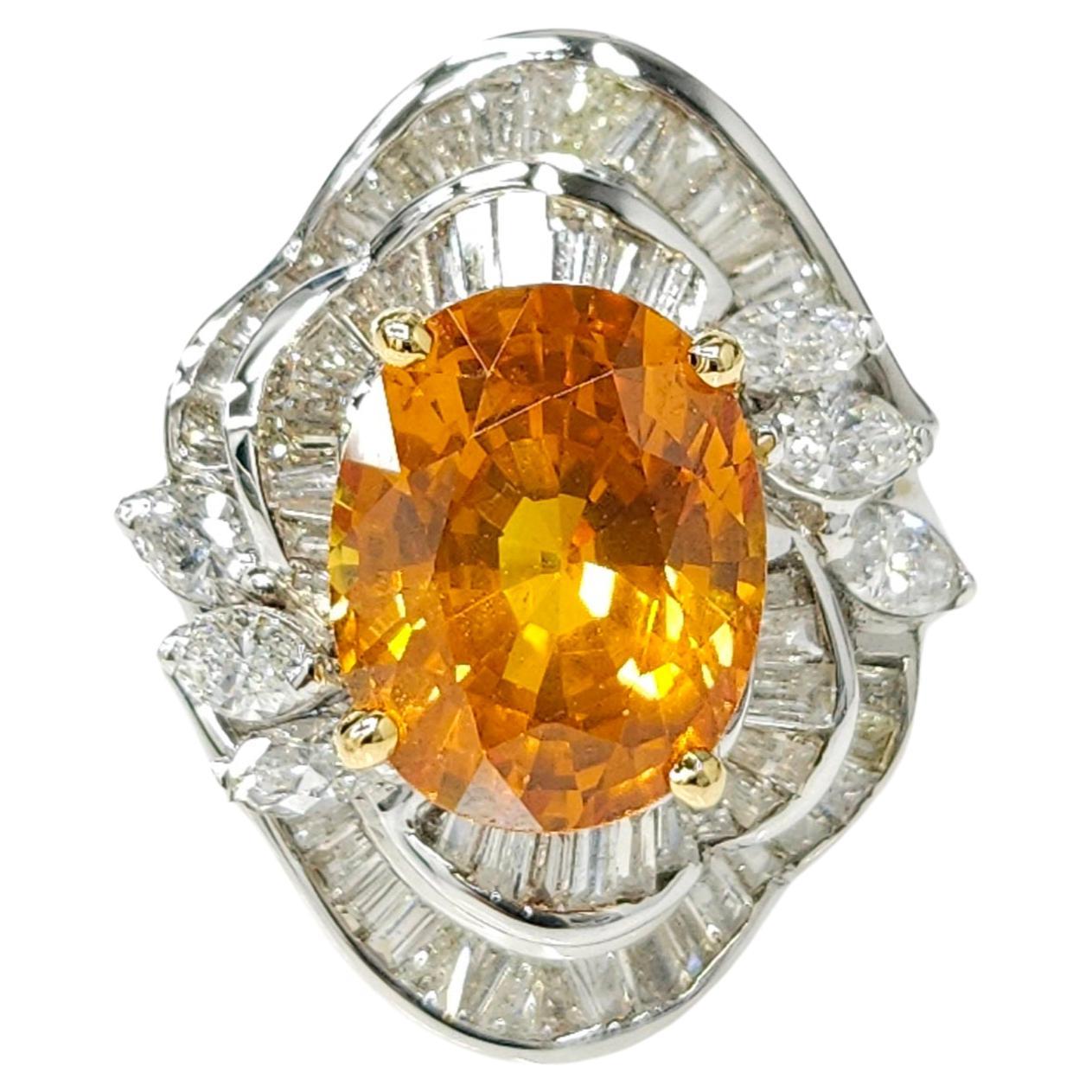IGI Certified 6.08Carat Ceylon Orange Sapphire & Diamond Ring in 18K White Gold For Sale