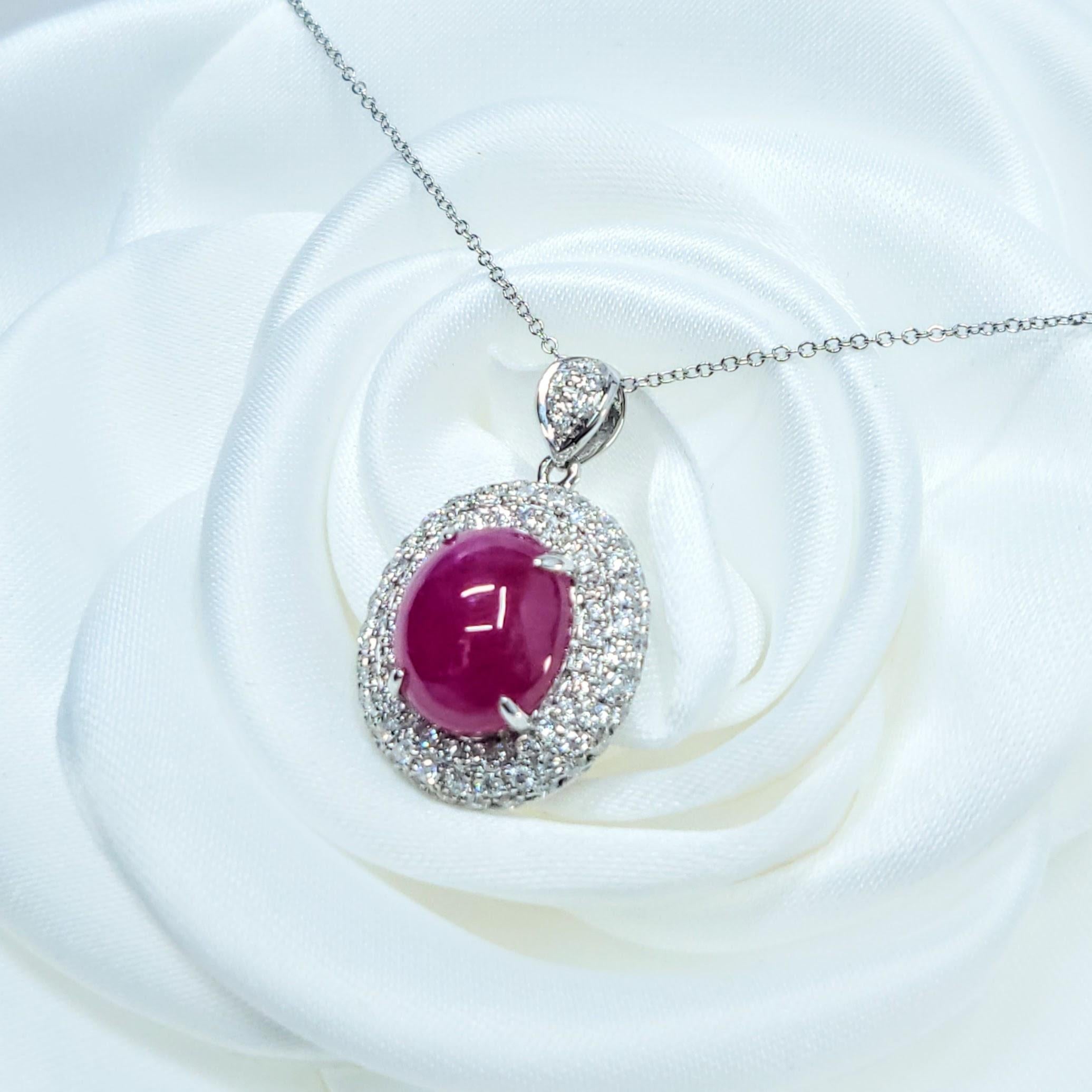 Oval Cut IGI Certified 6.10 Carat Ruby and Diamond Pendant in 18K White Gold For Sale