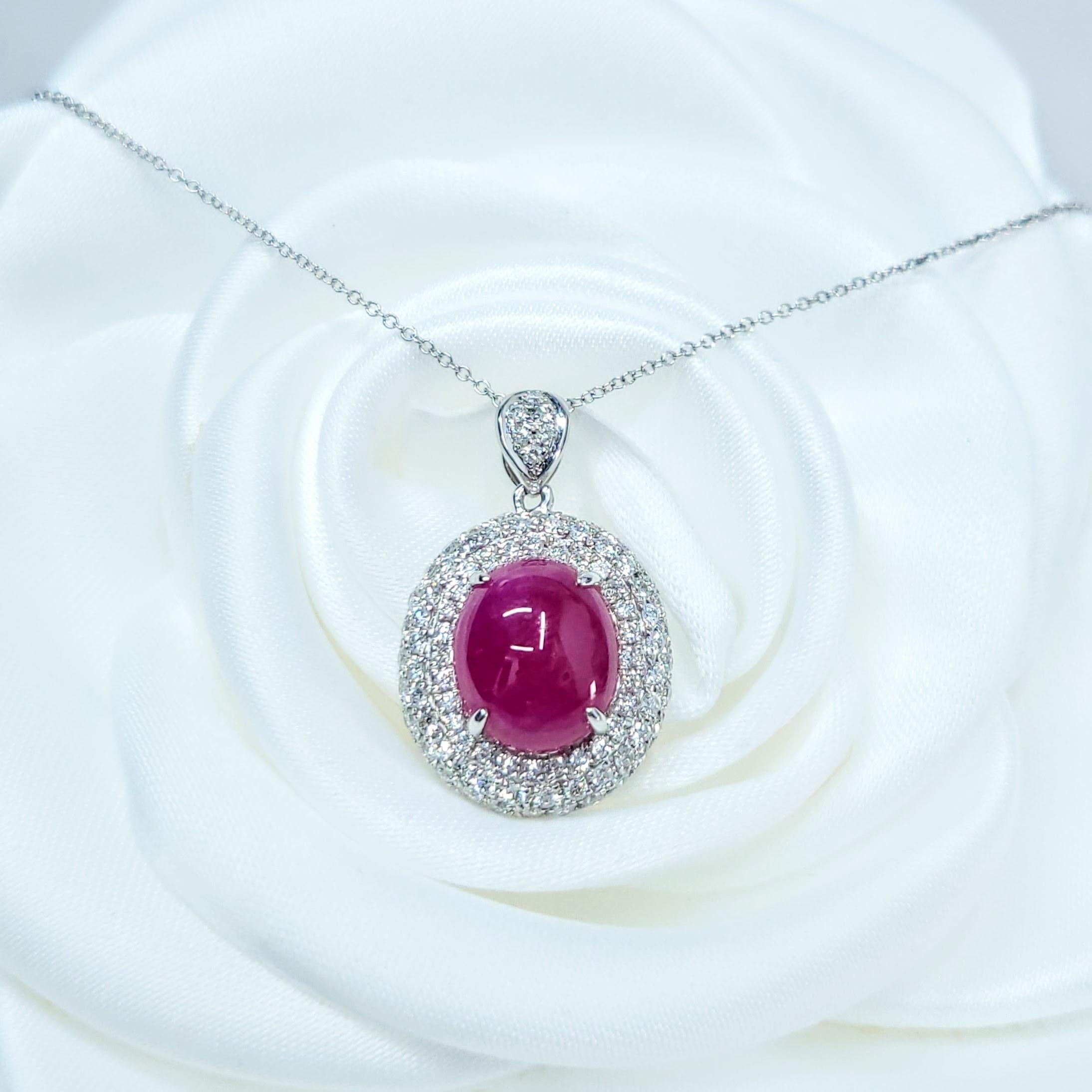 Women's IGI Certified 6.10 Carat Ruby and Diamond Pendant in 18K White Gold For Sale
