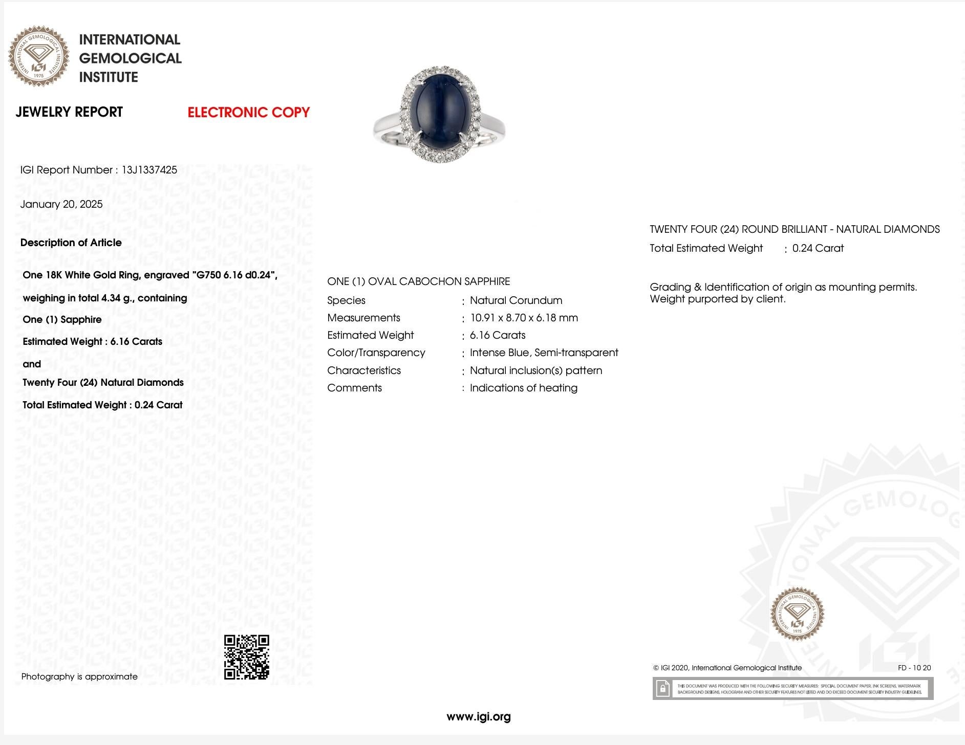 Treten Sie ein in eine Welt zeitloser Eleganz mit diesem atemberaubenden Ring aus 18 Karat Weißgold, der einen wunderschönen ovalen Cabochon-Saphir von 6,16 Karat zur Schau stellt.  Er ist nicht nur ein Edelstein, sondern ein Ausdruck von Raffinesse