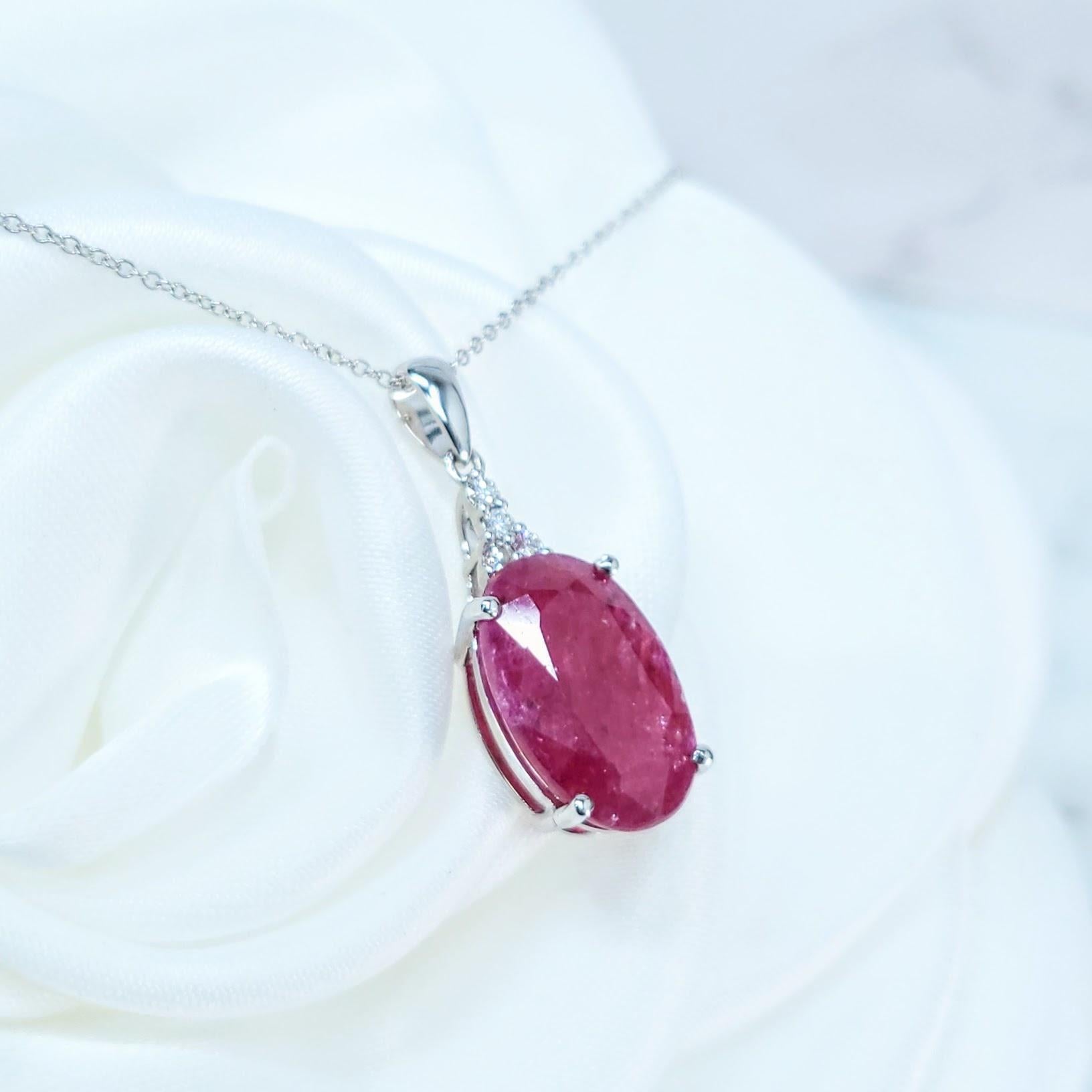 Modern IGI Certified 6.16 Carat Ruby and Diamond Pendant in 18K White Gold For Sale