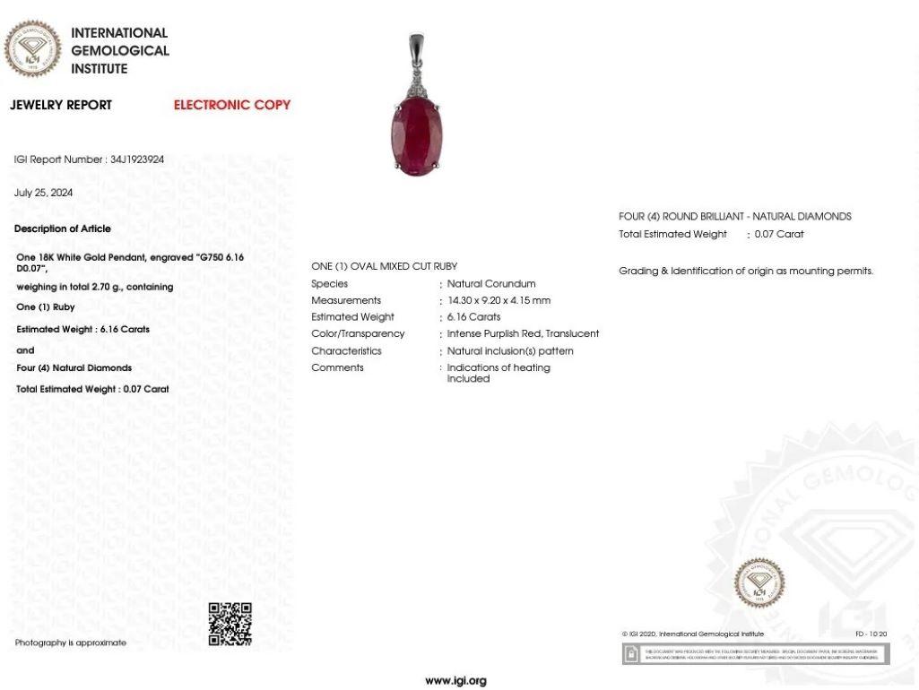 Oval Cut IGI Certified 6.16 Carat Ruby and Diamond Pendant in 18K White Gold For Sale