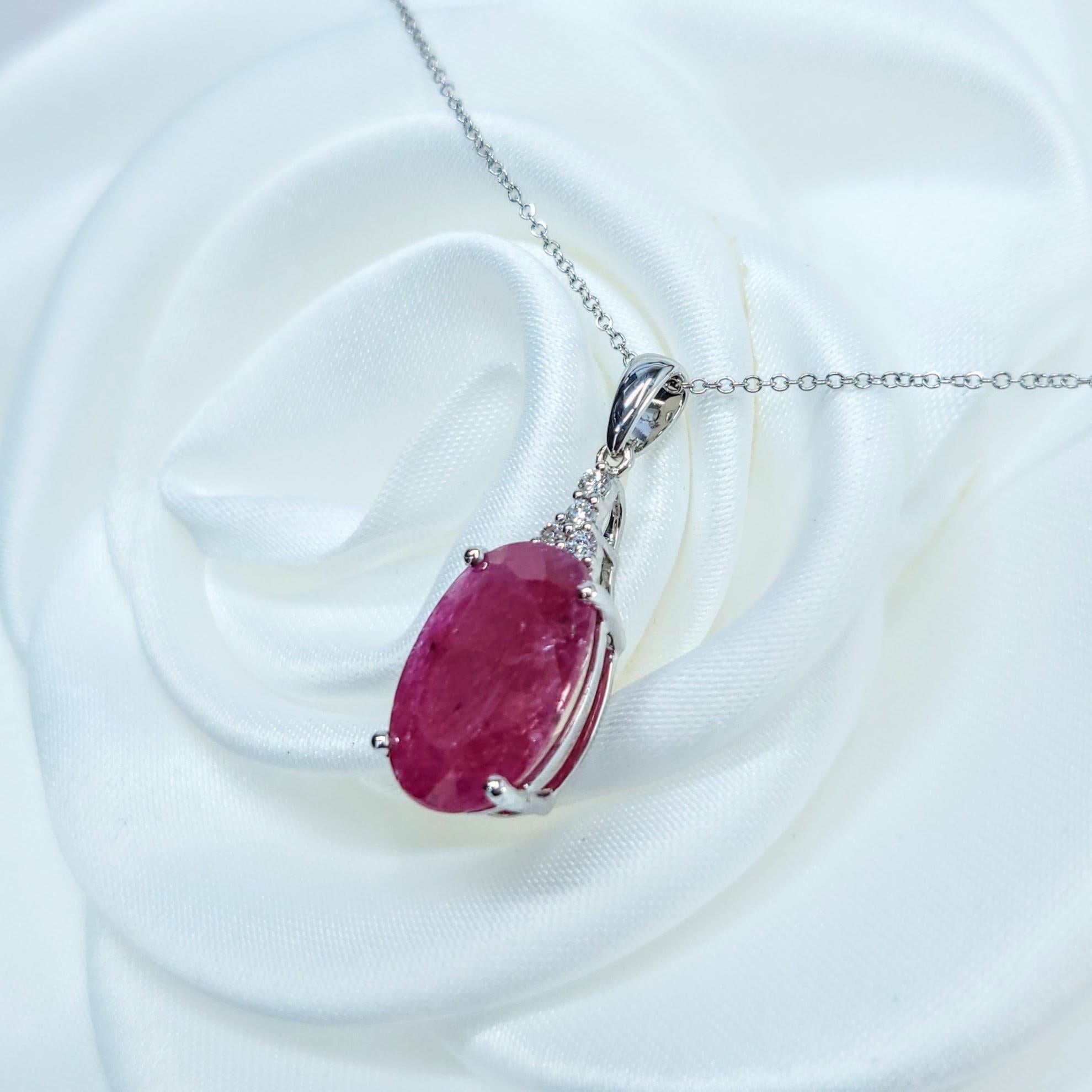 Women's IGI Certified 6.16 Carat Ruby and Diamond Pendant in 18K White Gold For Sale