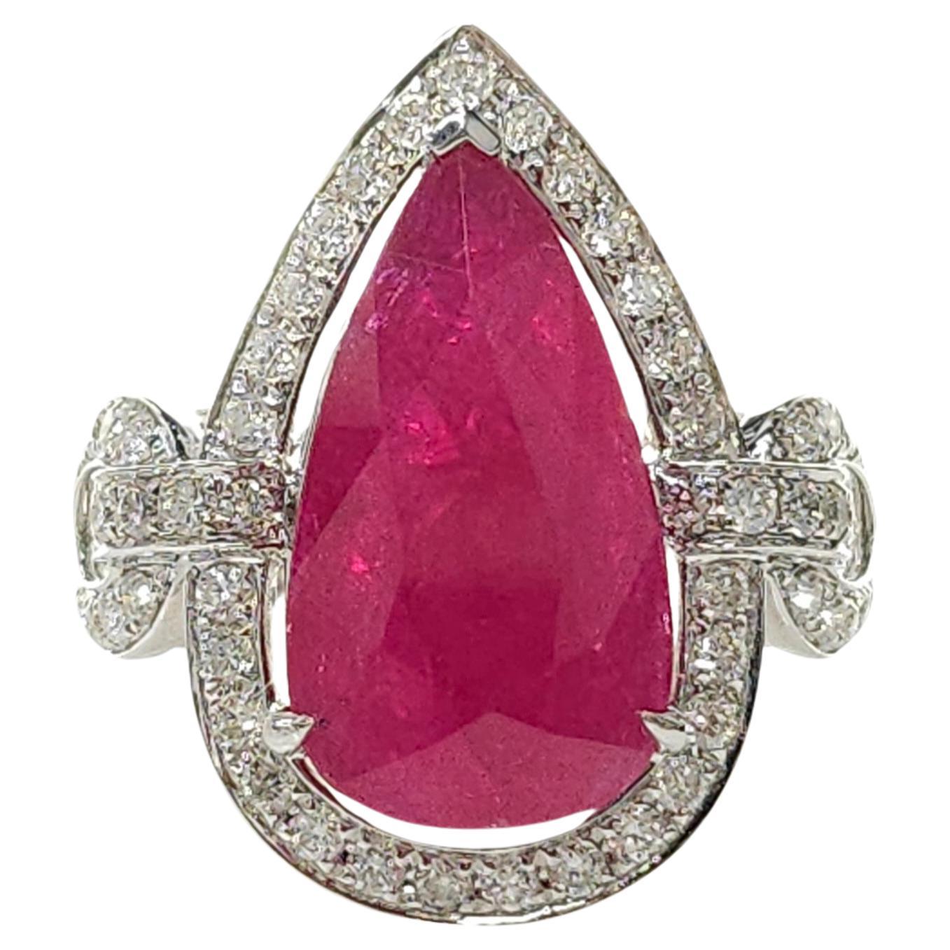 Modern IGI Certified 6.45 Carat  Burma Ruby & Diamond Ring in 18K White Gold For Sale