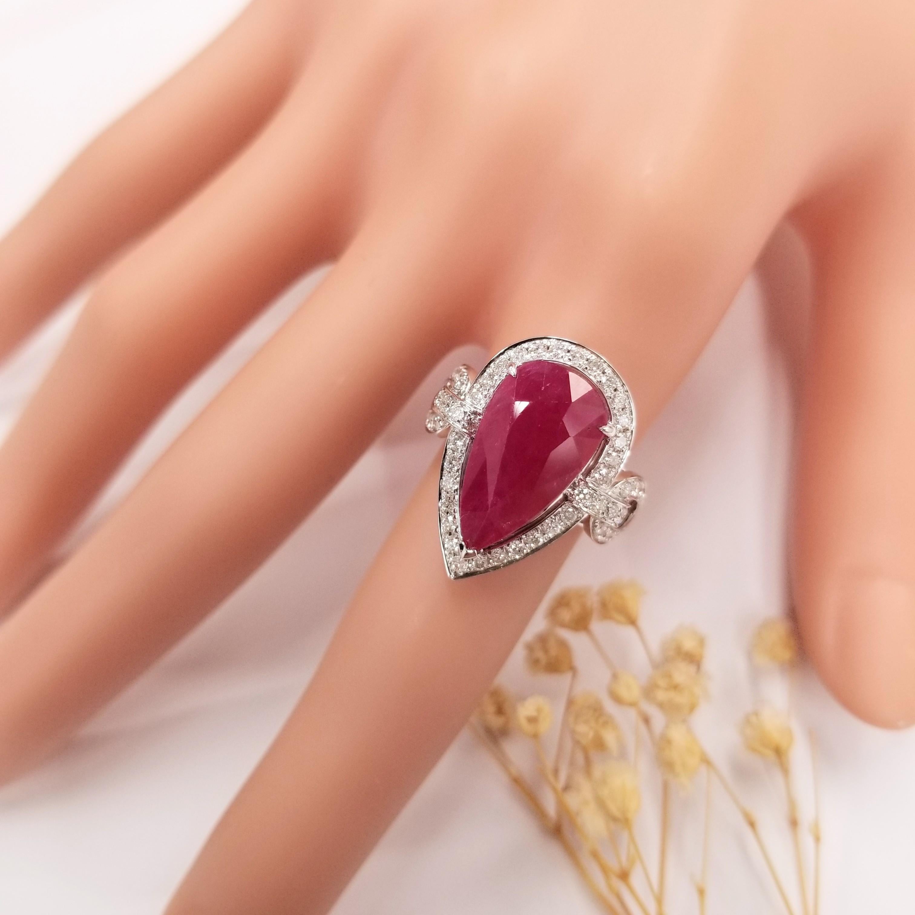 Pear Cut IGI Certified 6.45 Carat  Burma Ruby & Diamond Ring in 18K White Gold For Sale
