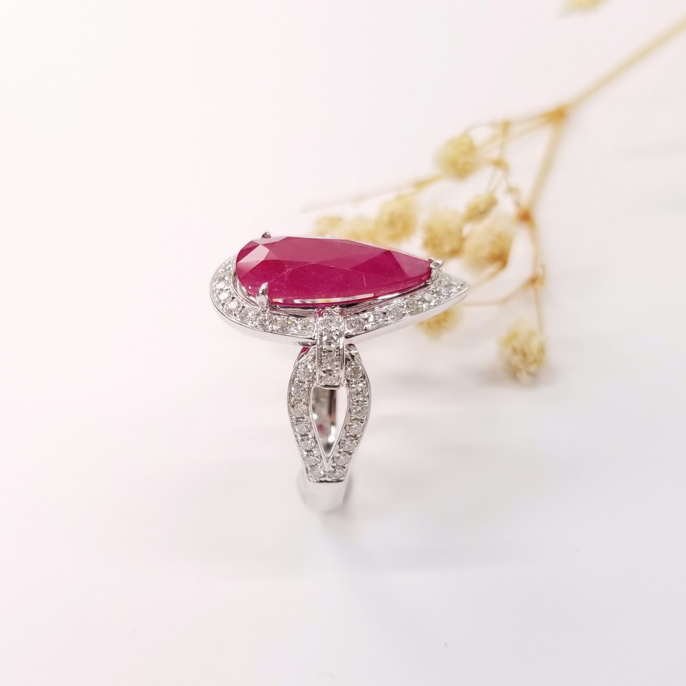 Women's IGI Certified 6.45 Carat  Burma Ruby & Diamond Ring in 18K White Gold For Sale