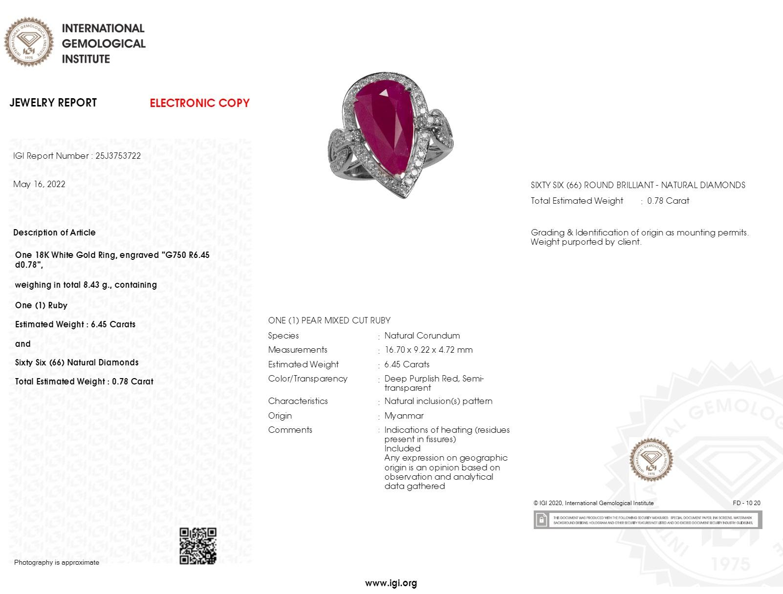 IGI Certified 6.45 Carat  Burma Ruby & Diamond Ring in 18K White Gold For Sale 2