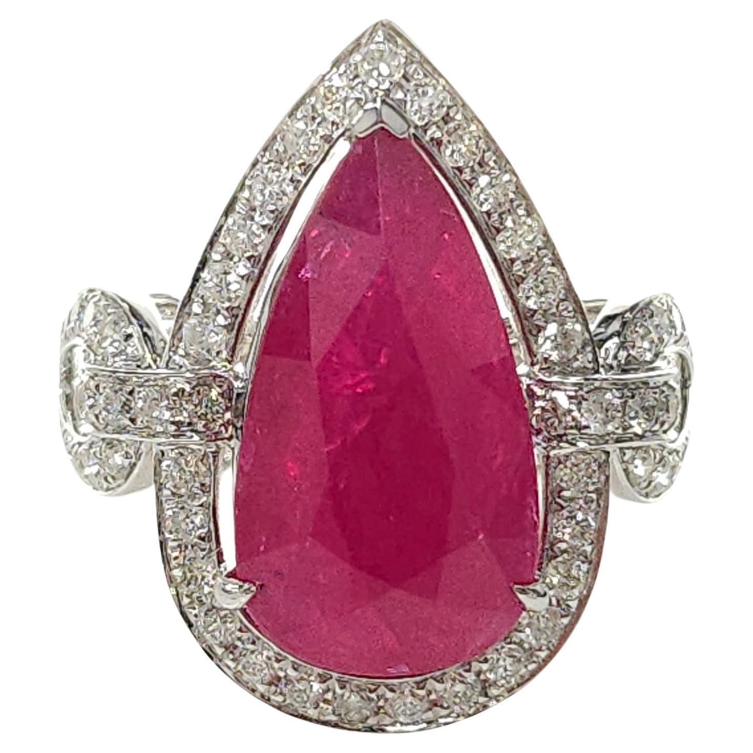 IGI Certified 6.45 Carat  Burma Ruby & Diamond Ring in 18K White Gold For Sale
