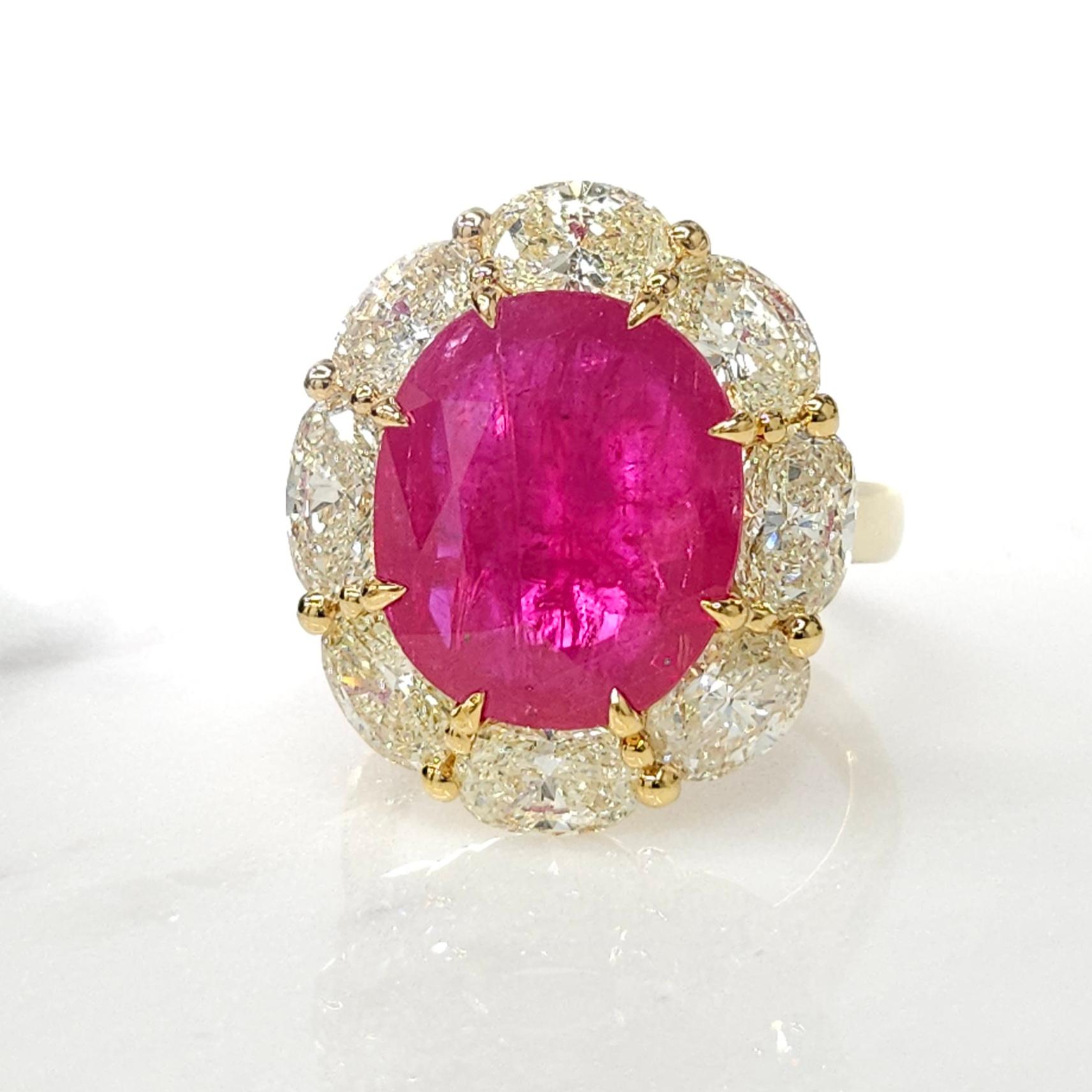 IGI Certified 6.53 Carat Ruby & 3.71 Carat Oval Diamond Ring in 18K Yellow Gold For Sale 9