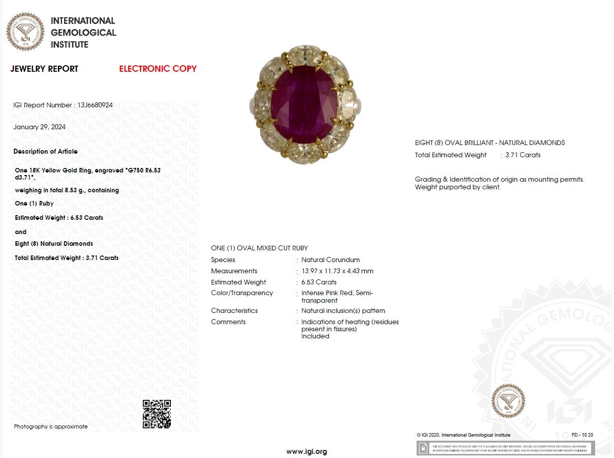 IGI Certified 6.53 Carat Ruby & 3.71 Carat Oval Diamond Ring in 18K Yellow Gold For Sale 10