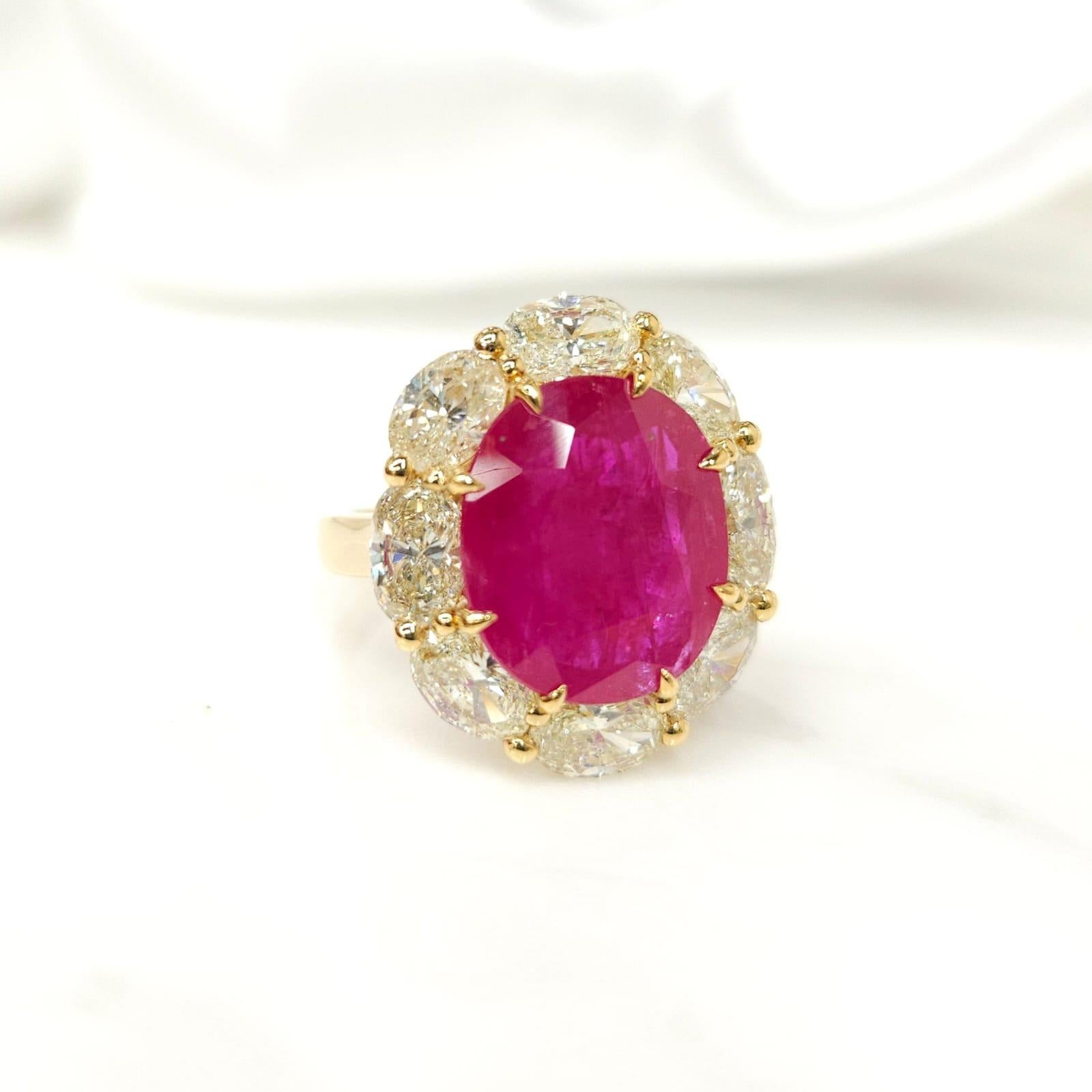 IGI Certified 6.53 Carat Ruby & 3.71 Carat Oval Diamond Ring in 18K Yellow Gold For Sale 12
