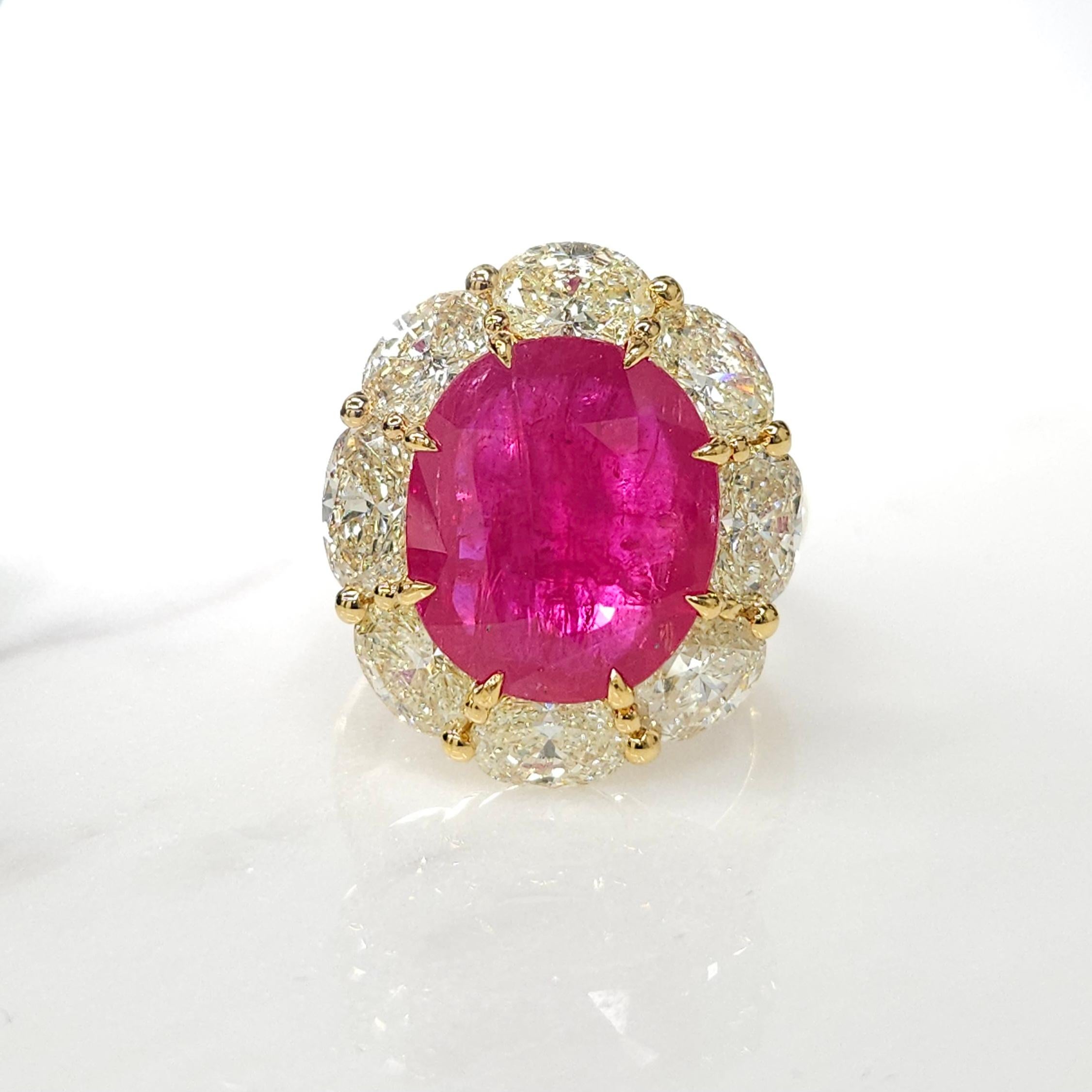Oval Cut IGI Certified 6.53 Carat Ruby & 3.71 Carat Oval Diamond Ring in 18K Yellow Gold For Sale