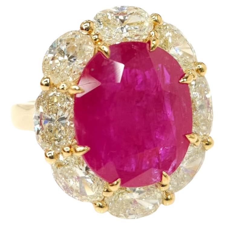 IGI Certified 6.53 Carat Ruby & 3.71 Carat Oval Diamond Ring in 18K Yellow Gold For Sale