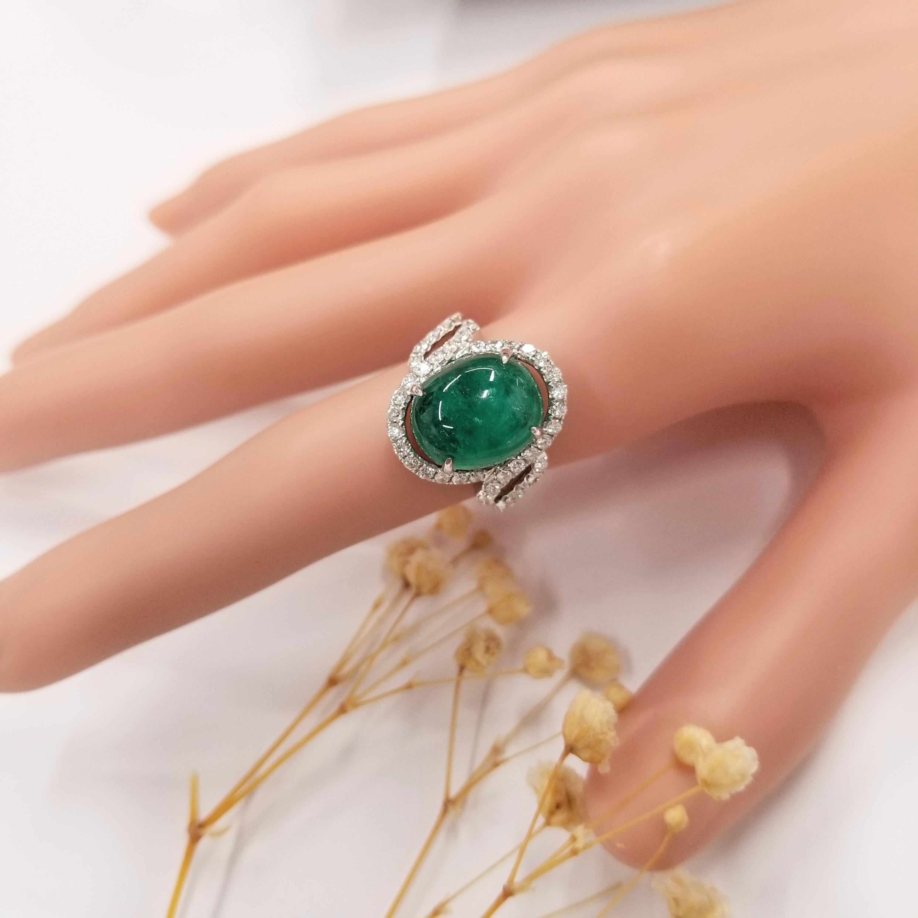 Cabochon IGI Certified 6.71 Carat Colombian Emerald & Diamond Ring in 18K White Gold For Sale