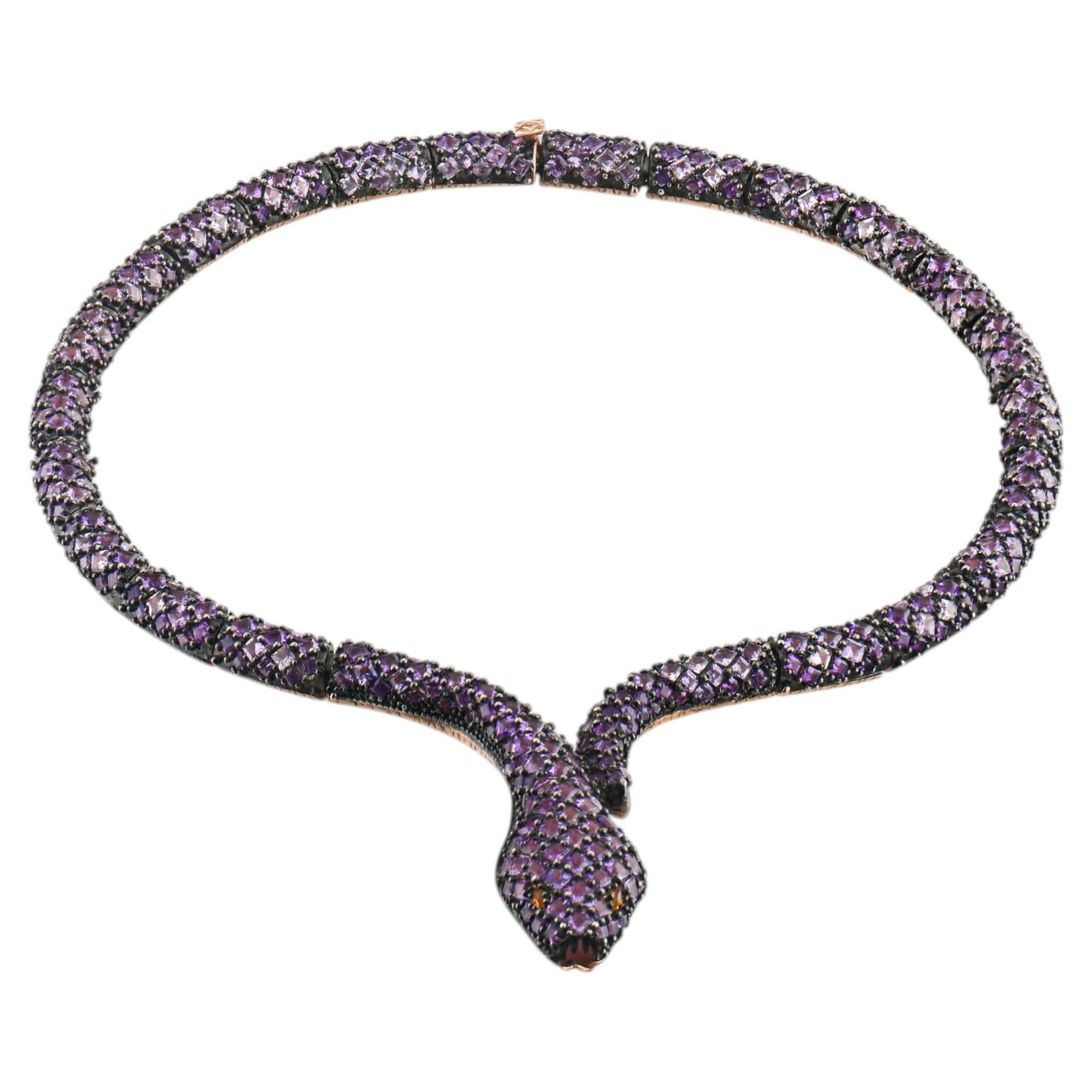 Collier ras-du-cou « serpent » en améthyste naturelle de 69 carats, certifié IGI, en or 8 carats