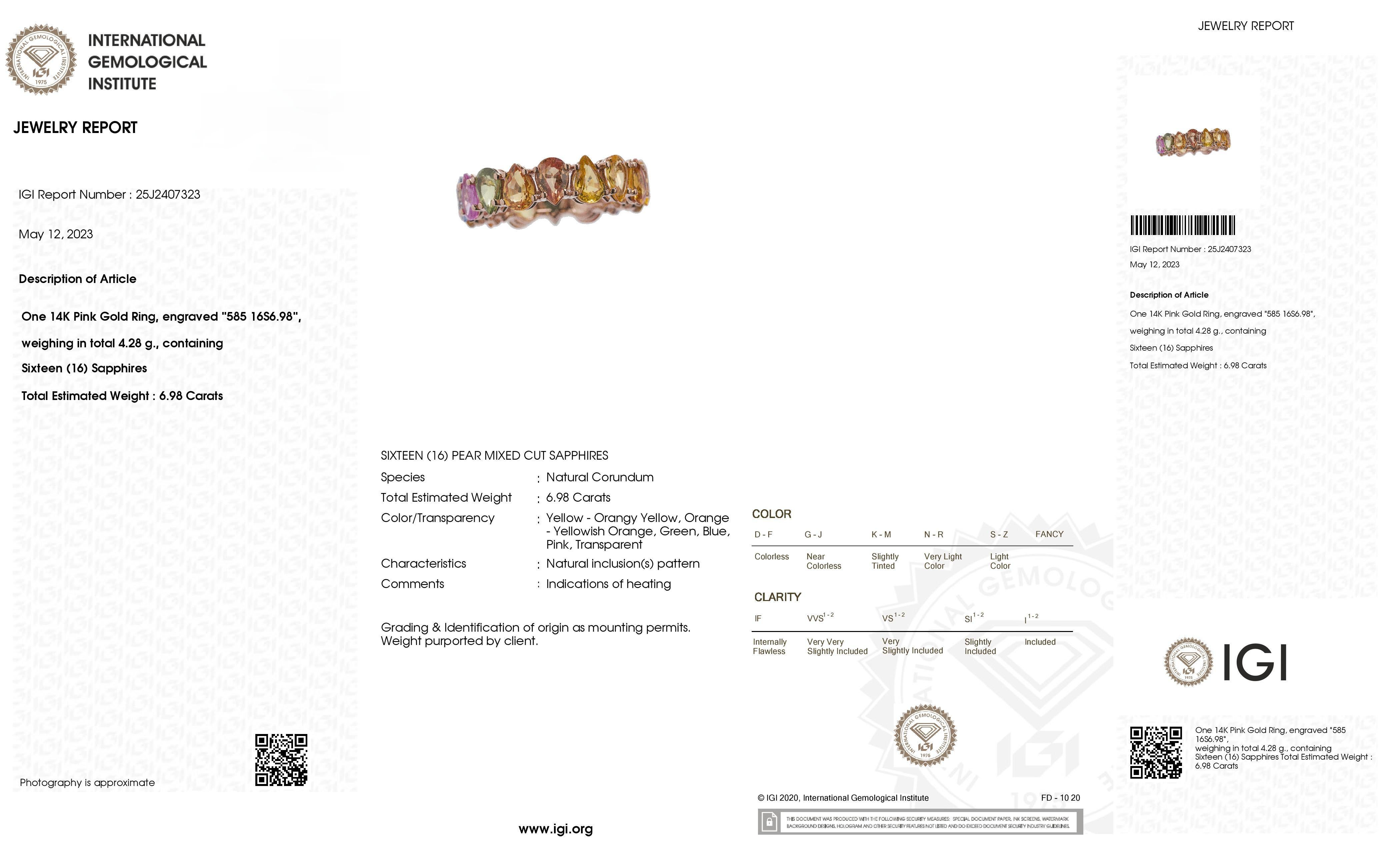 IGI Certified 6.98ct Natural Sapphires 14K Rose Gold Ring For Sale 3