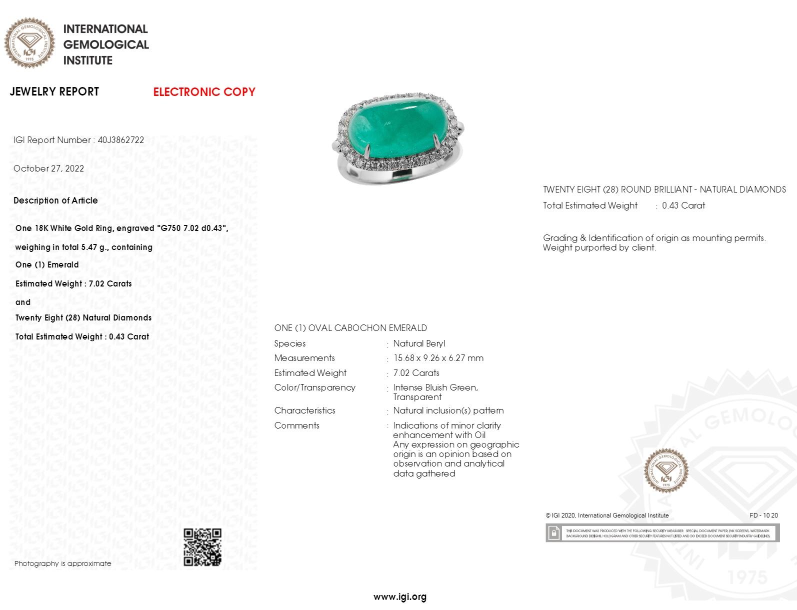 IGI Certified 7.02 Carat cabochon Emerald & Diamond Ring in 18K White Gold For Sale 3