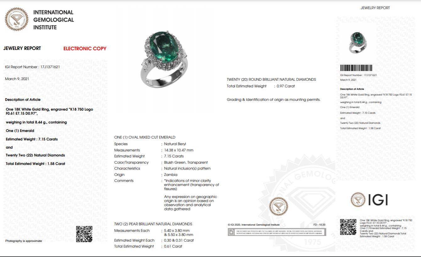 Bague solitaire 18 carats avec émeraude certifiée IGI de 7,15 carats et diamant blanc 1,58 carat Pour femmes en vente