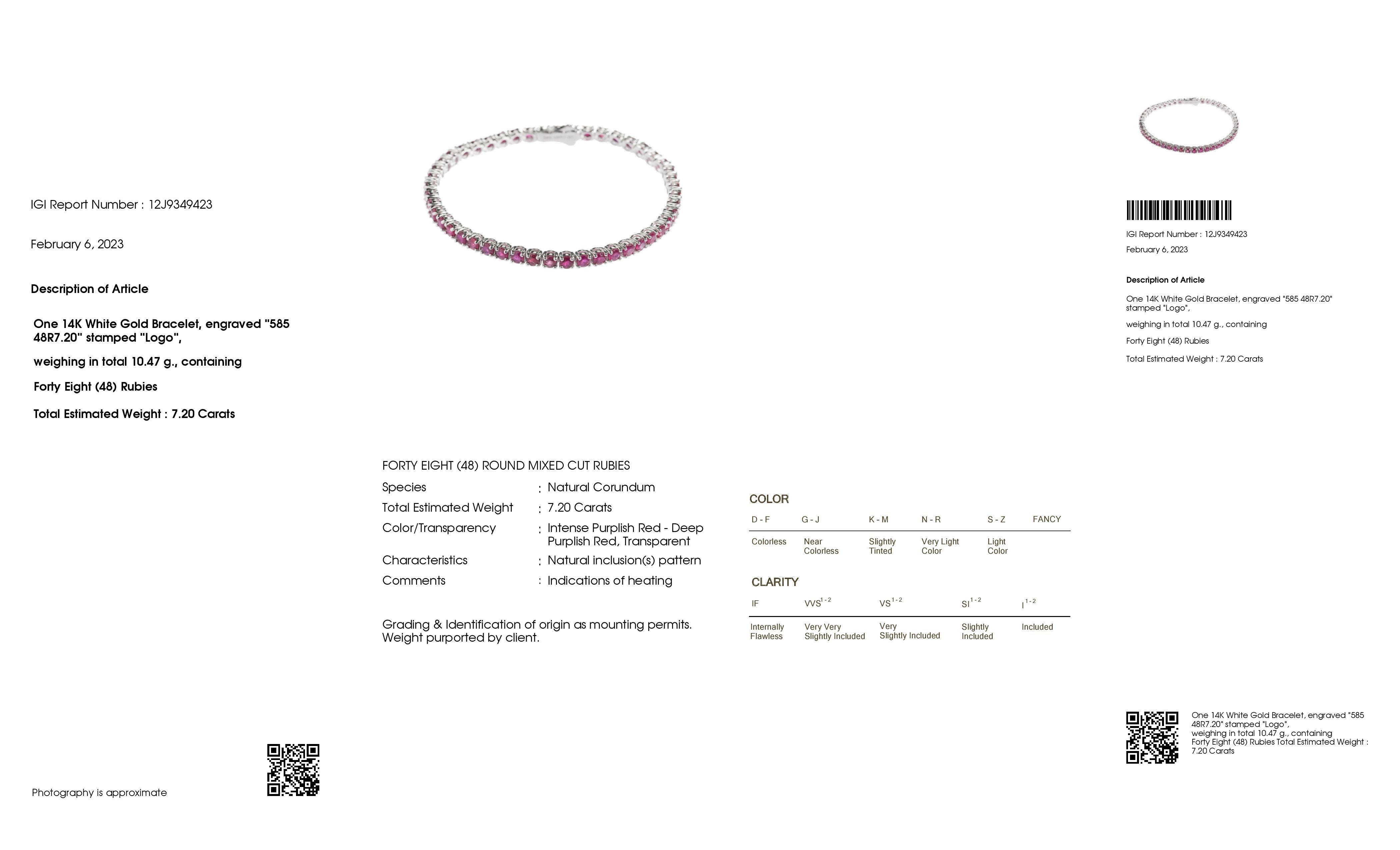 IGI Certified 7.20 Carat Natural Rubies 14k White Gold Bracelet 2