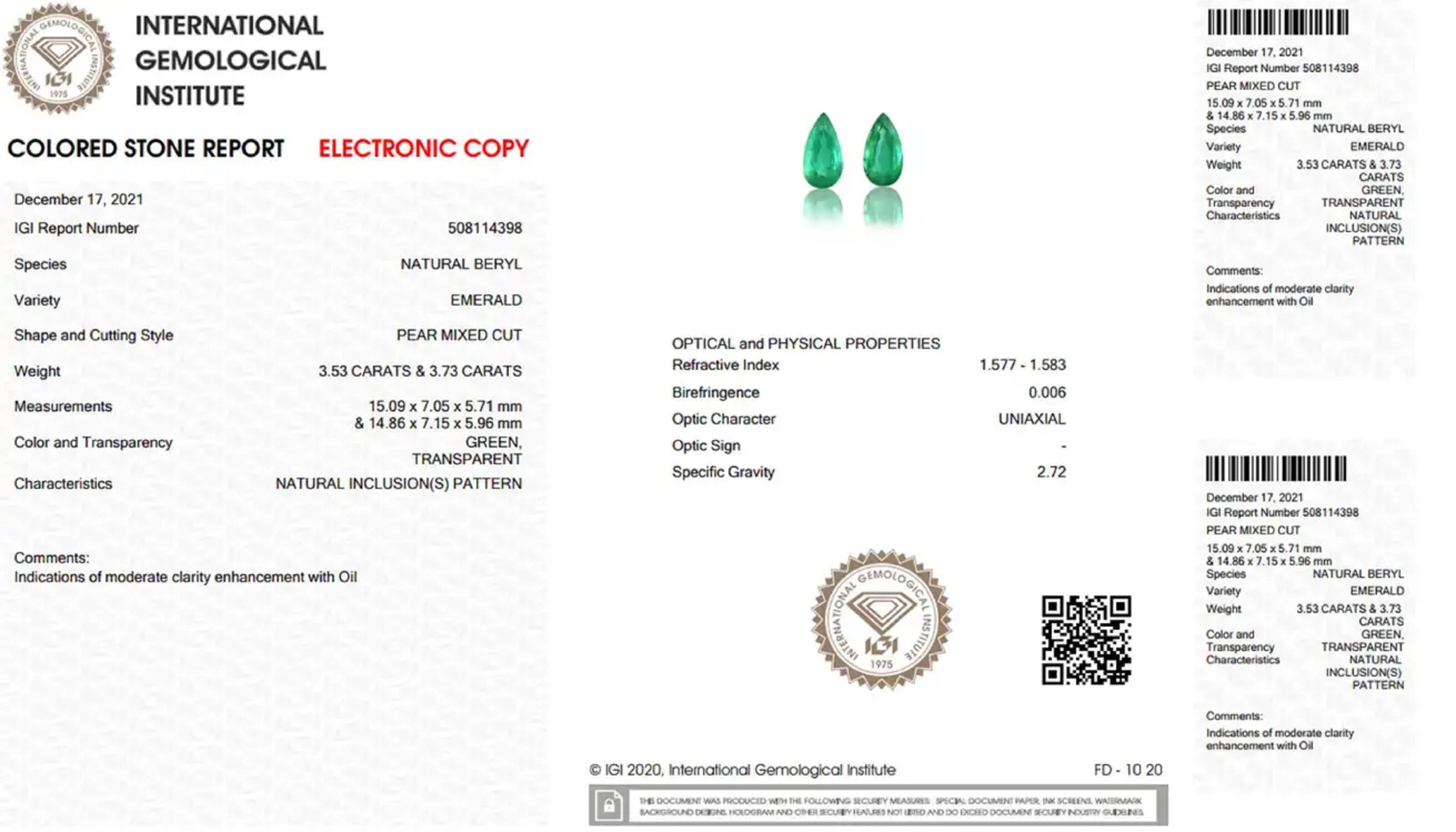 Modern IGI Certified 7.26 Carat Green Emerald Pear Cut Diamond Halo Earrings