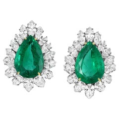 IGI Certified 7.26 Carat Green Emerald Pear Cut Diamond Halo Earrings