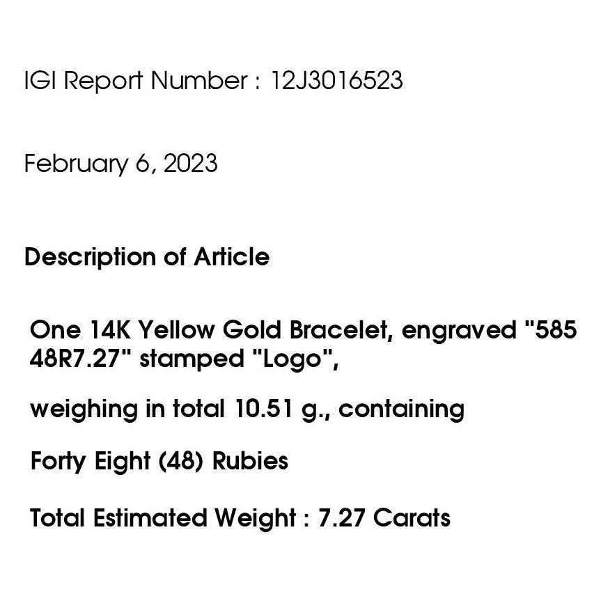 IGI Certified 7.27ct Natural Rubies set in 14Kt Yellow Gold Bracelet For Sale 5