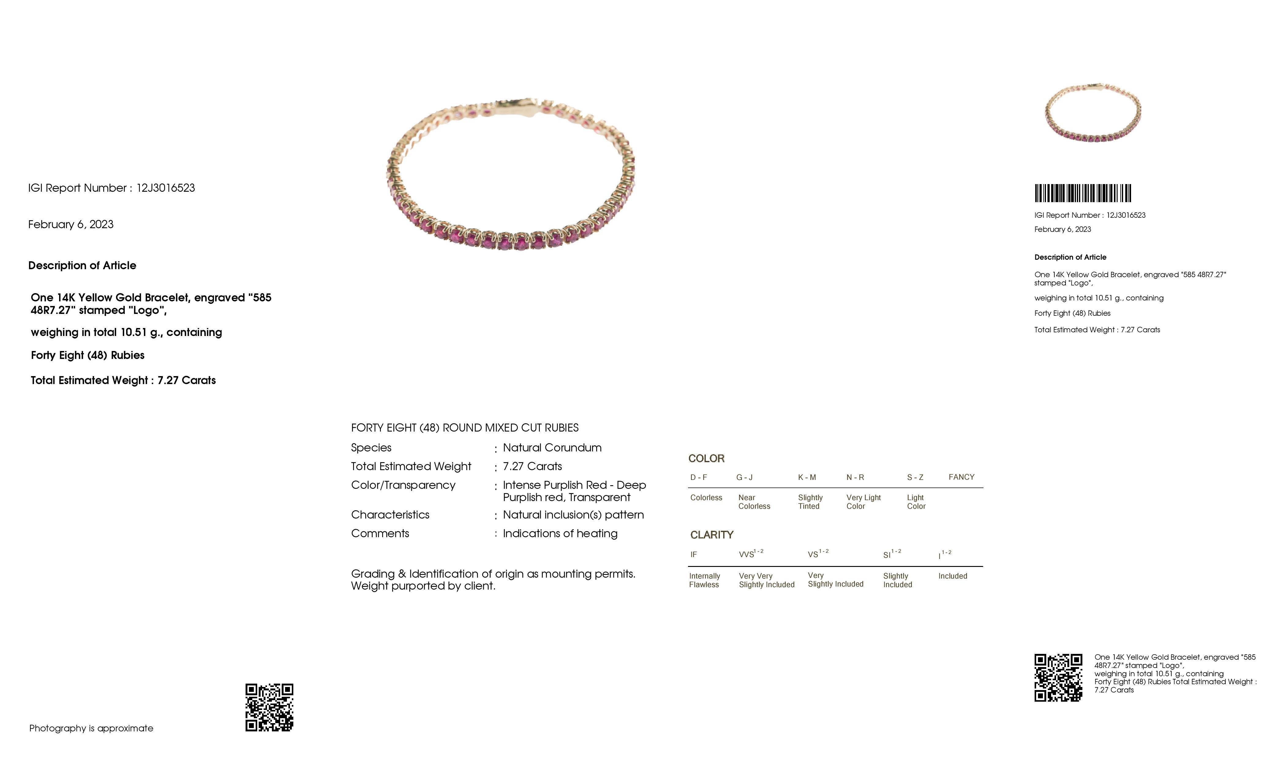 Women's or Men's IGI Certified 7.27ct Natural Rubies set in 14Kt Yellow Gold Bracelet For Sale