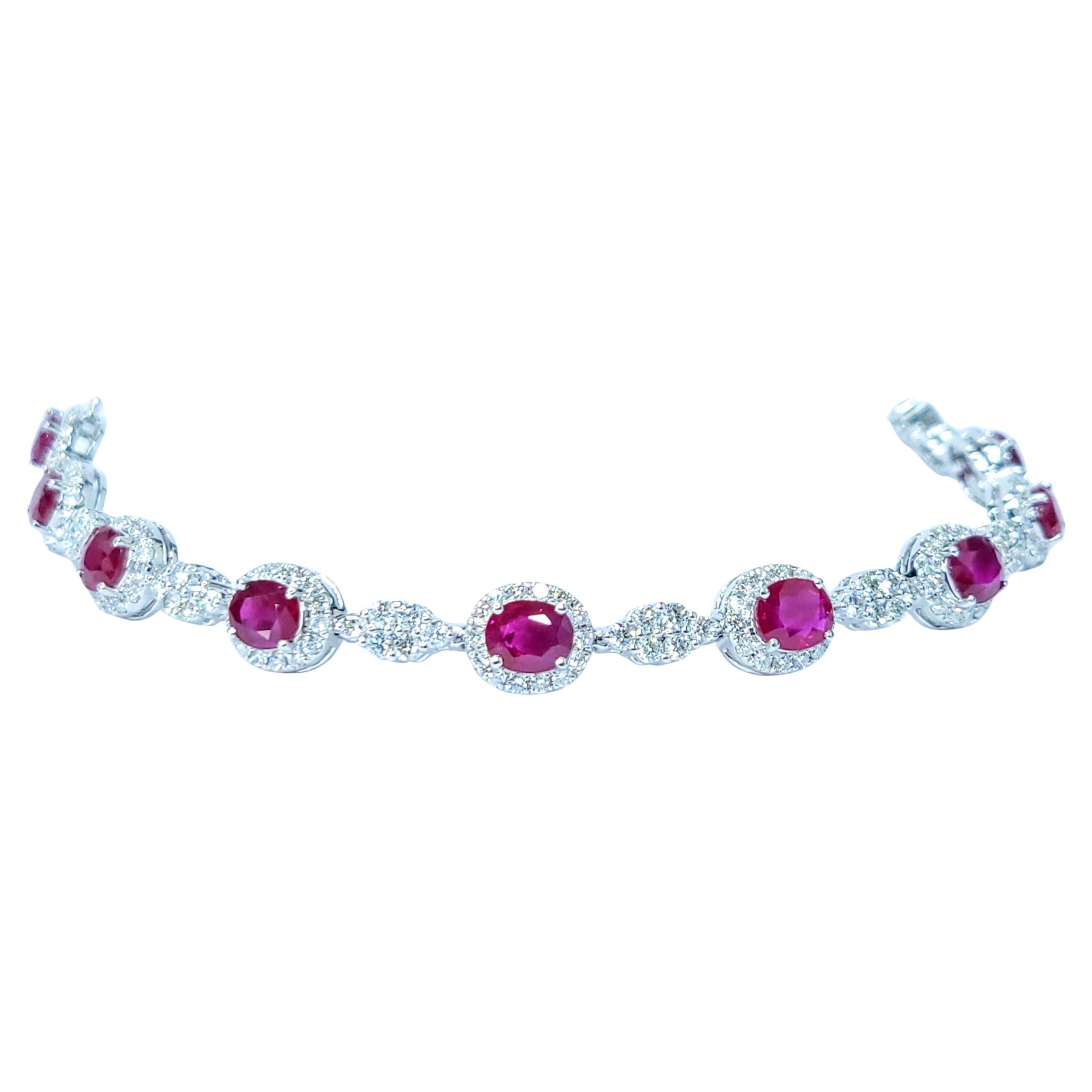 IGI Certified 7.45 Carat Burma Ruby and Diamond Bracelet in 18K White Gold