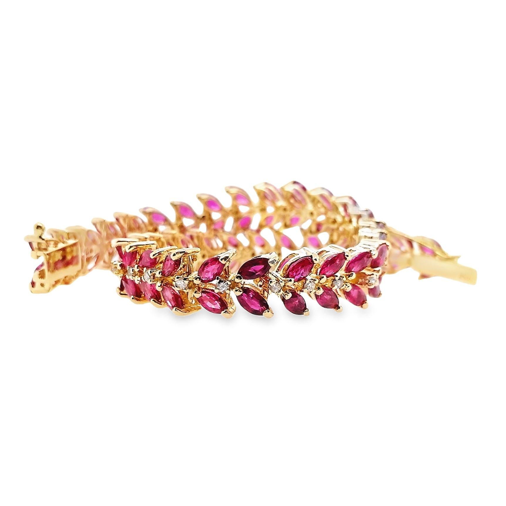 Marquise Cut IGI Certified 7.60 Ct Natural Rubies and 0.35 Ct Natural Diamonds Gold Bracelet For Sale