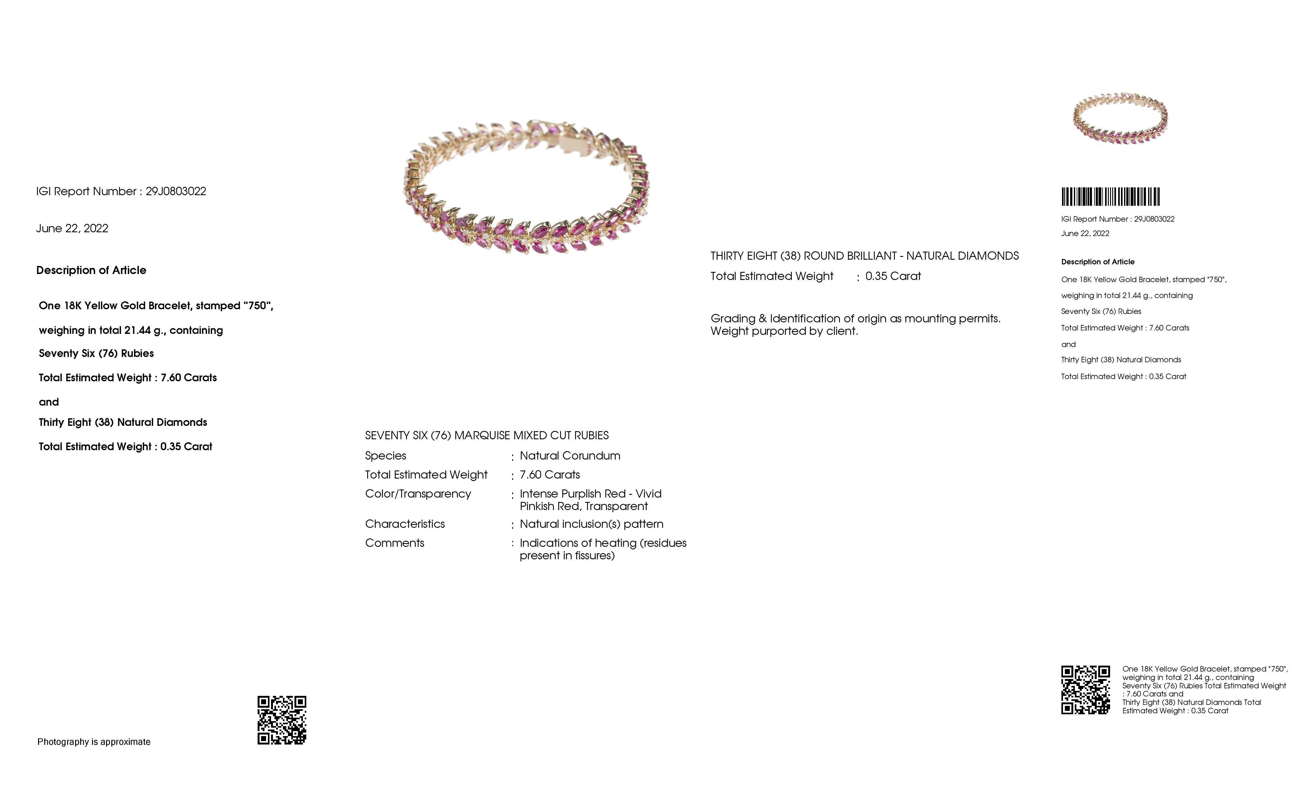 IGI Certified 7.60 Ct Natural Rubies and 0.35 Ct Natural Diamonds Gold Bracelet 3