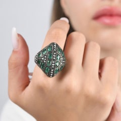 IGI Certified 7.77 Carat Natural Emerald and Diamond Statement Ring 8K Gold