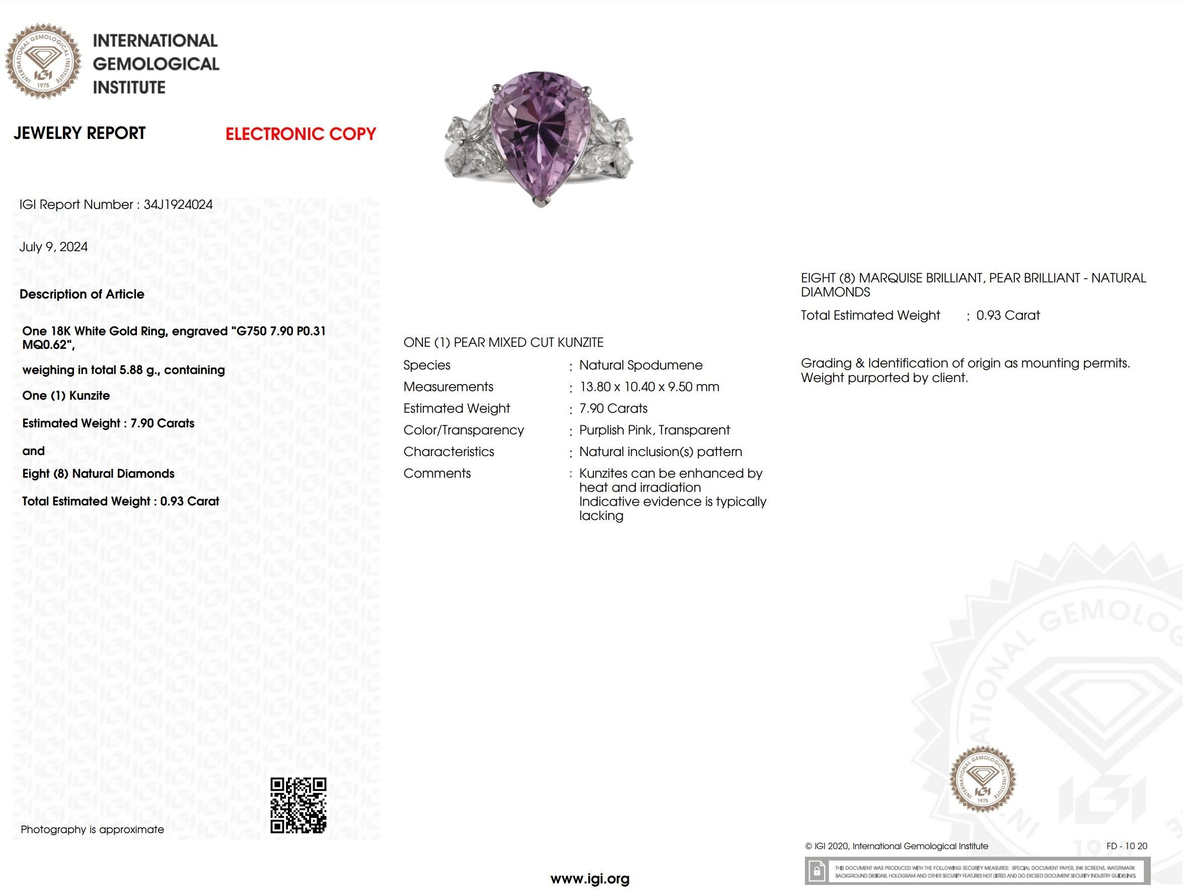 IGI Certified 7.90 Carat Kunzite & Diamond Ring in 18K White Gold For Sale 6