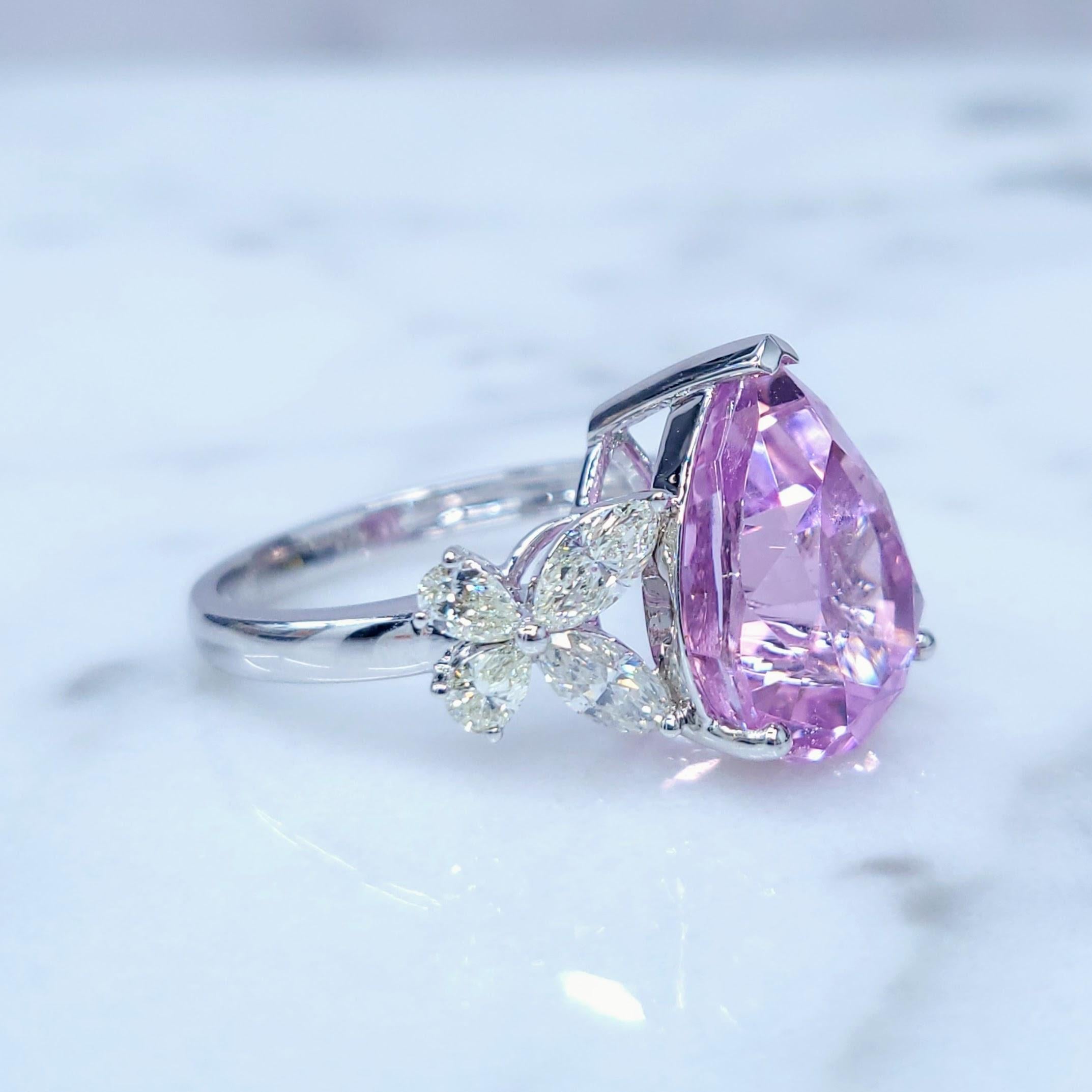 Pear Cut IGI Certified 7.90 Carat Kunzite & Diamond Ring in 18K White Gold For Sale