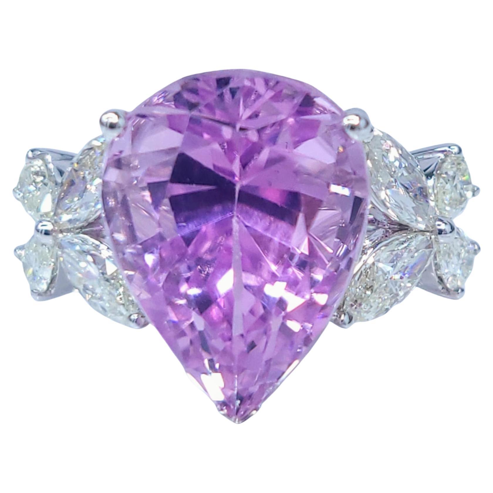 Anillo de oro blanco de 18 quilates con kunzita y diamantes de 7,90 quilates con certificado IGI
