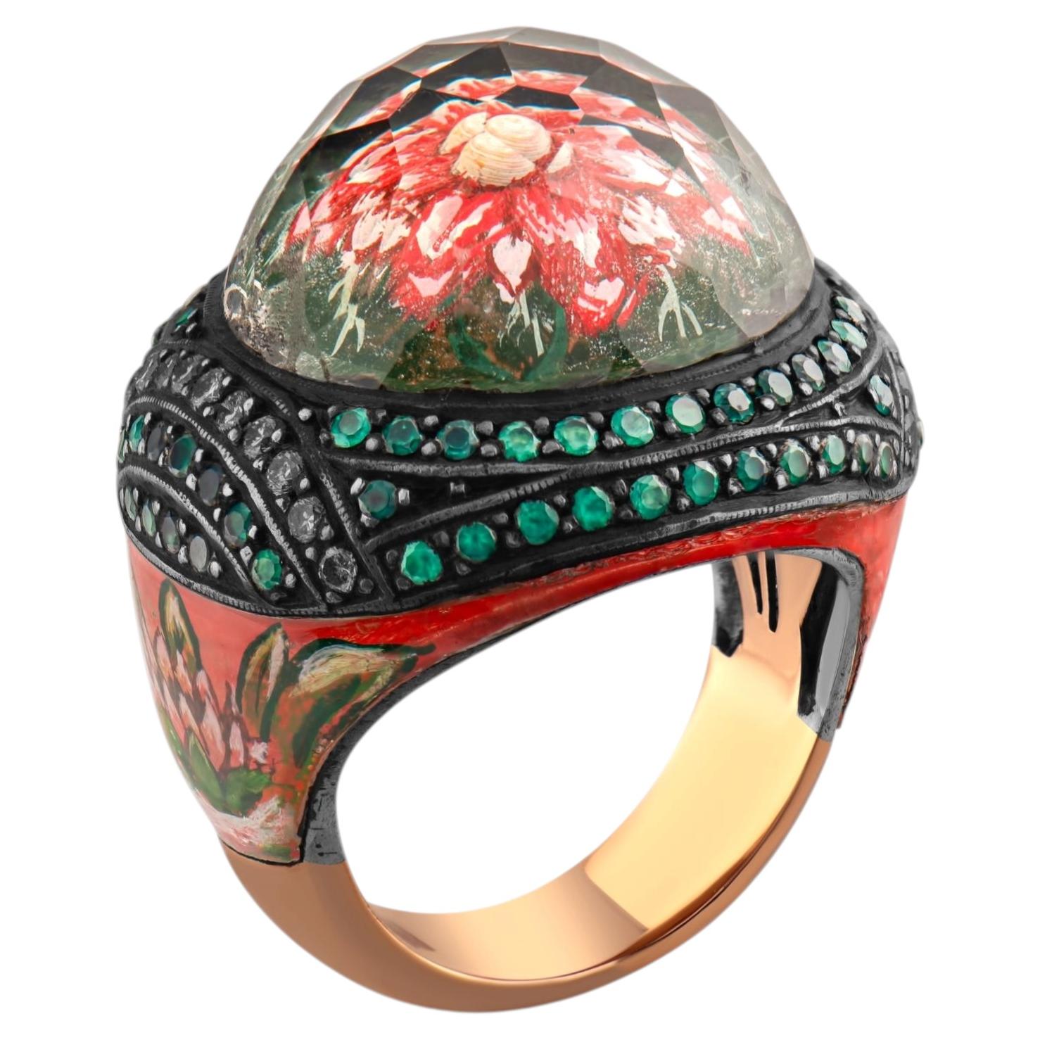IGI Certified 8.09 Carat Natural Diamond and Emerald Floral Motif Statement Ring