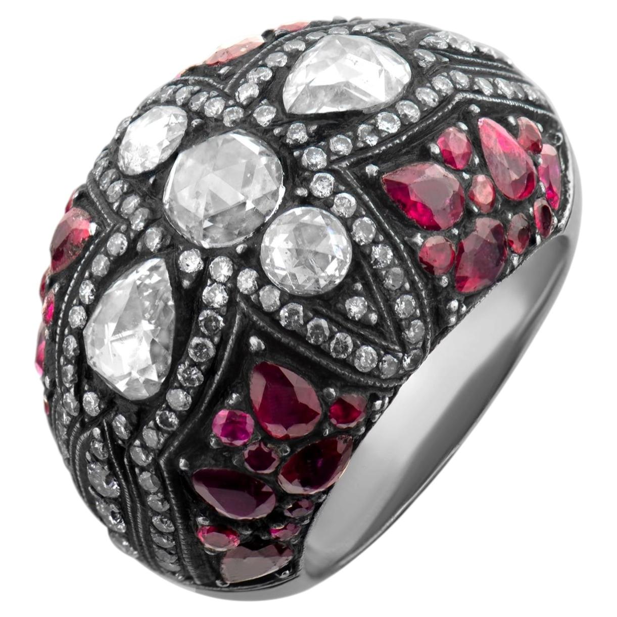 IGI Certified 8.28 Carat Natural Diamond and Ruby Statement Ring 8K Gold