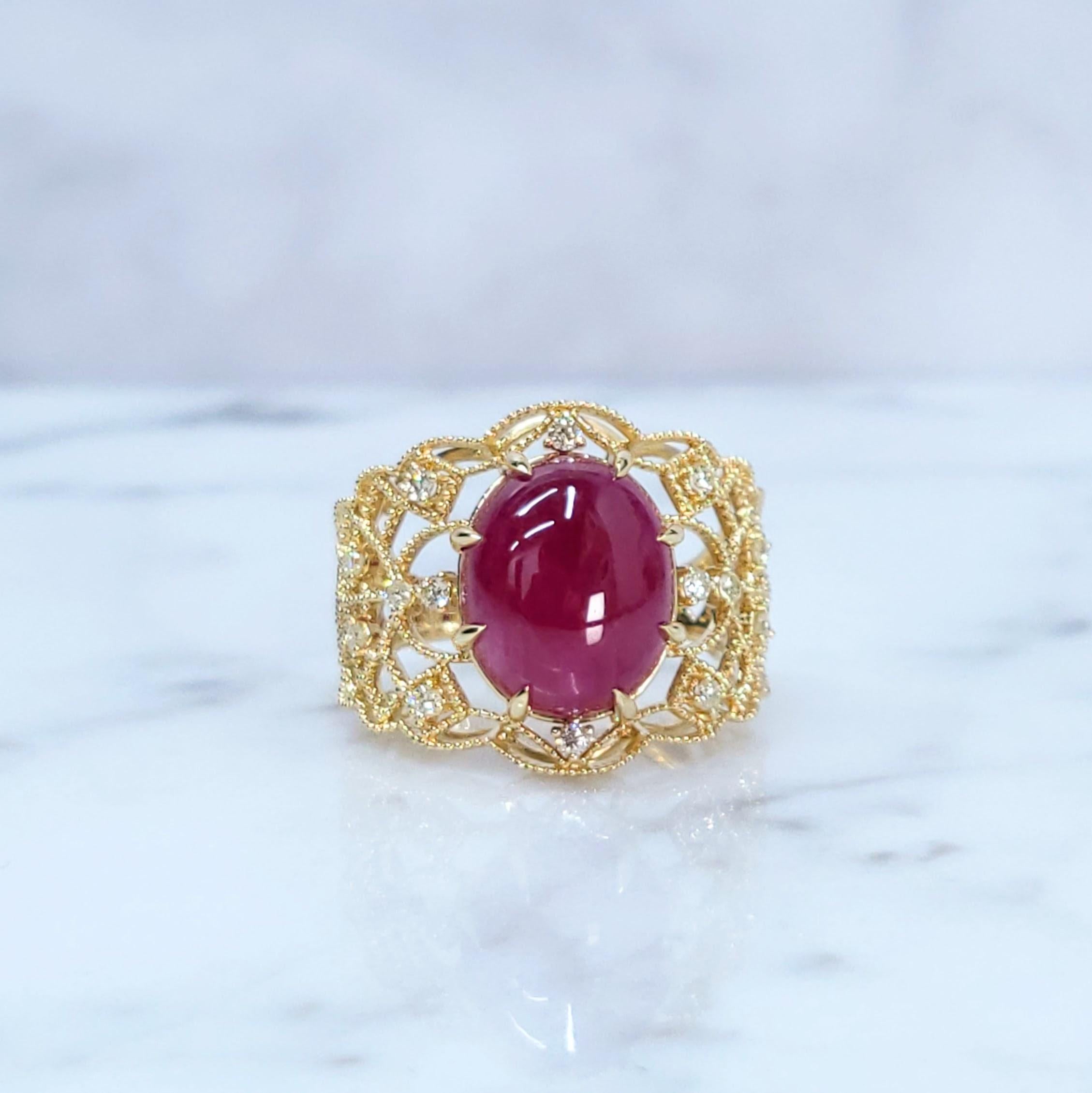 IGI Certified 8.28 Carat Ruby and Diamond Ring in 18K Yellow Gold For Sale 5