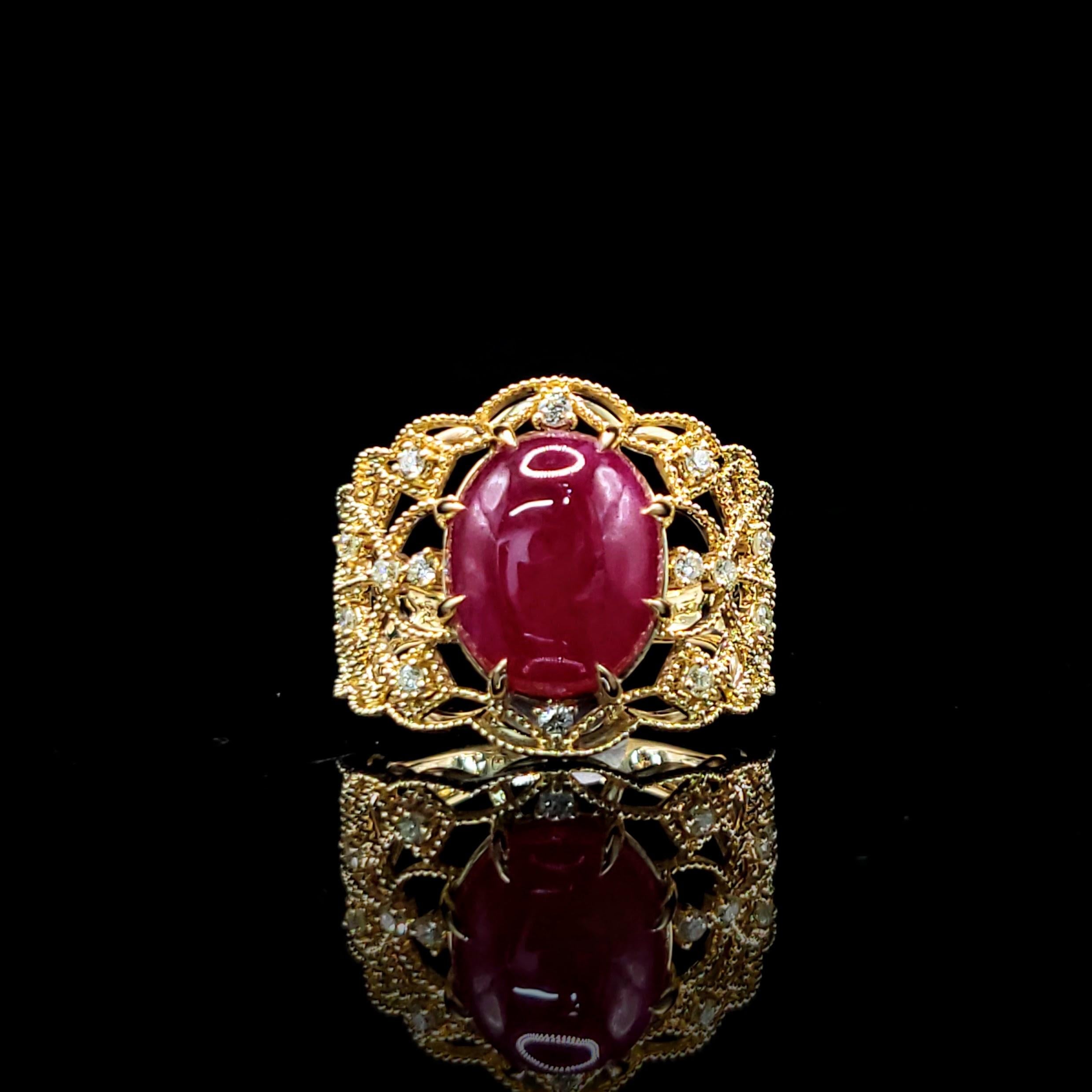 IGI Certified 8.28 Carat Ruby and Diamond Ring in 18K Yellow Gold In New Condition For Sale In KOWLOON, HK