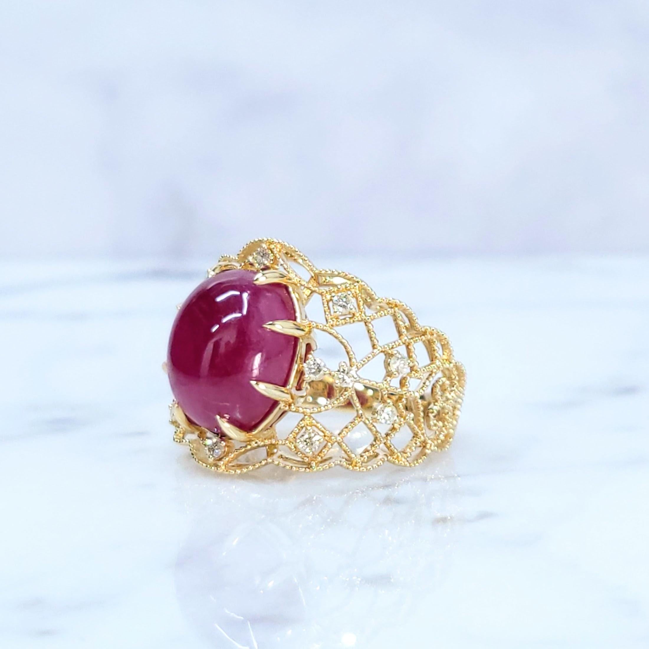 Women's IGI Certified 8.28 Carat Ruby and Diamond Ring in 18K Yellow Gold For Sale