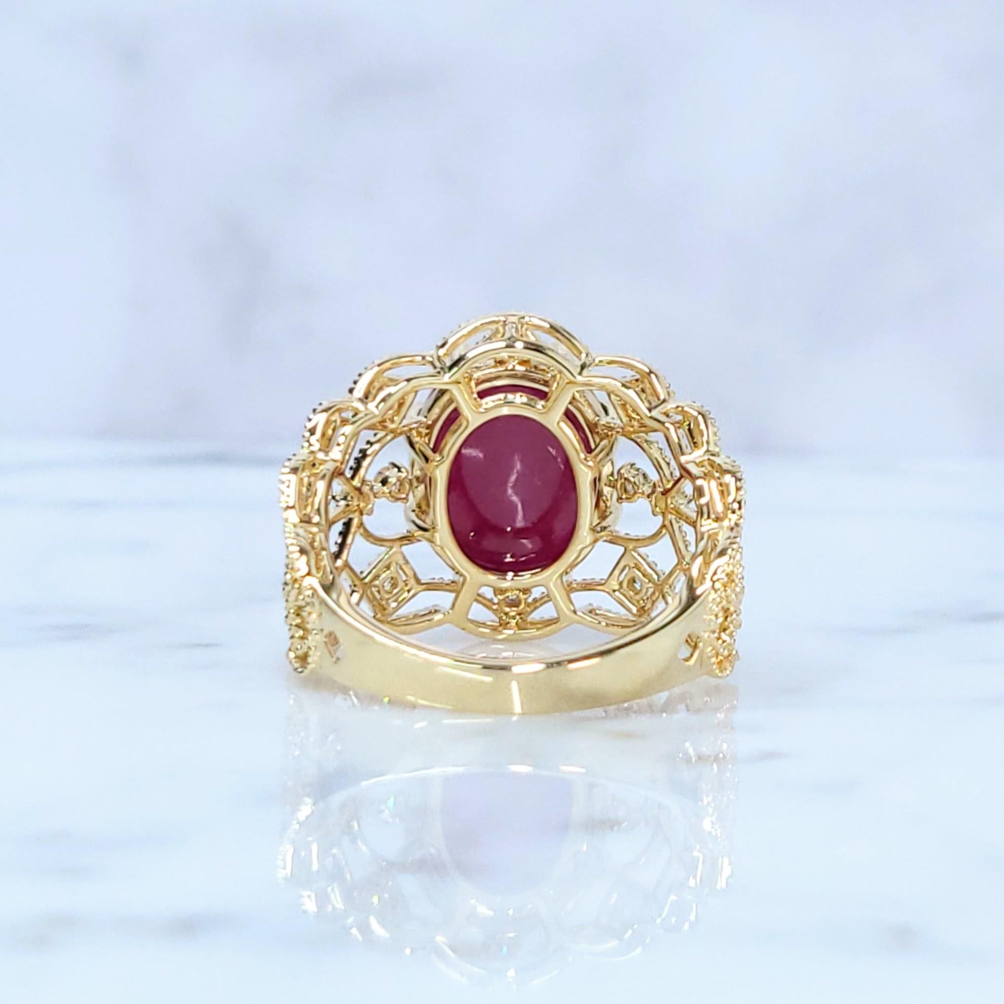 IGI Certified 8.28 Carat Ruby and Diamond Ring in 18K Yellow Gold For Sale 2