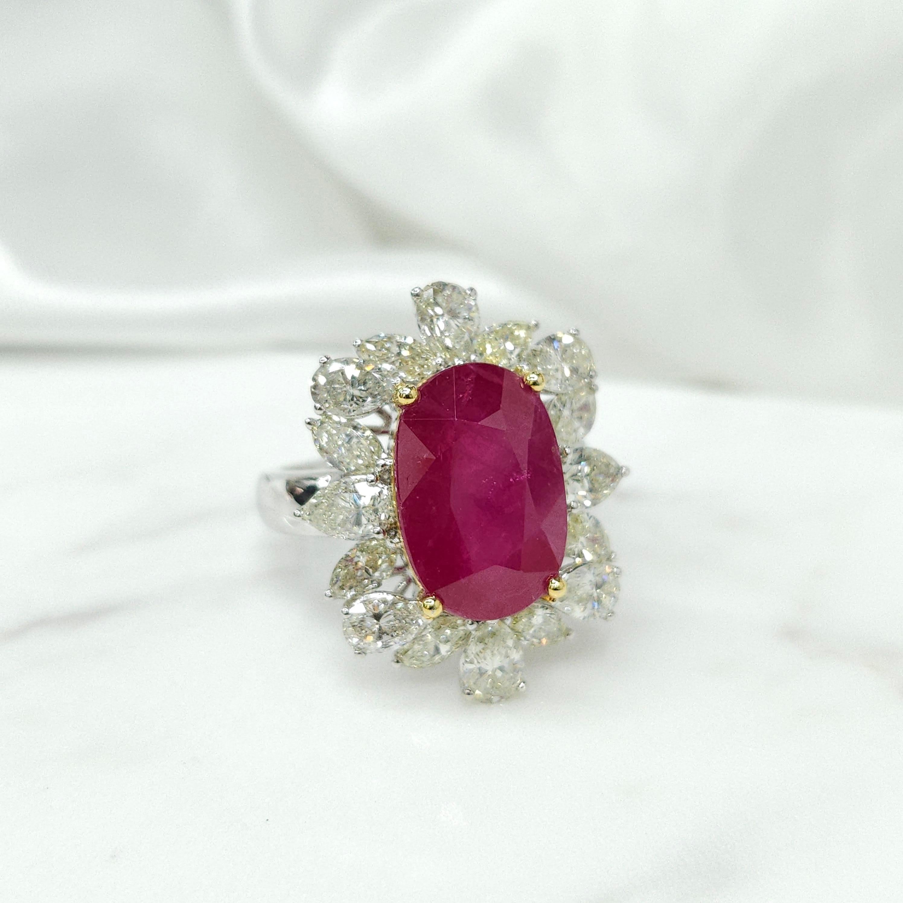 IGI Certified 8.31 Carat No Heat Burmese Ruby & Diamond Ring in 18K White Gold For Sale 4