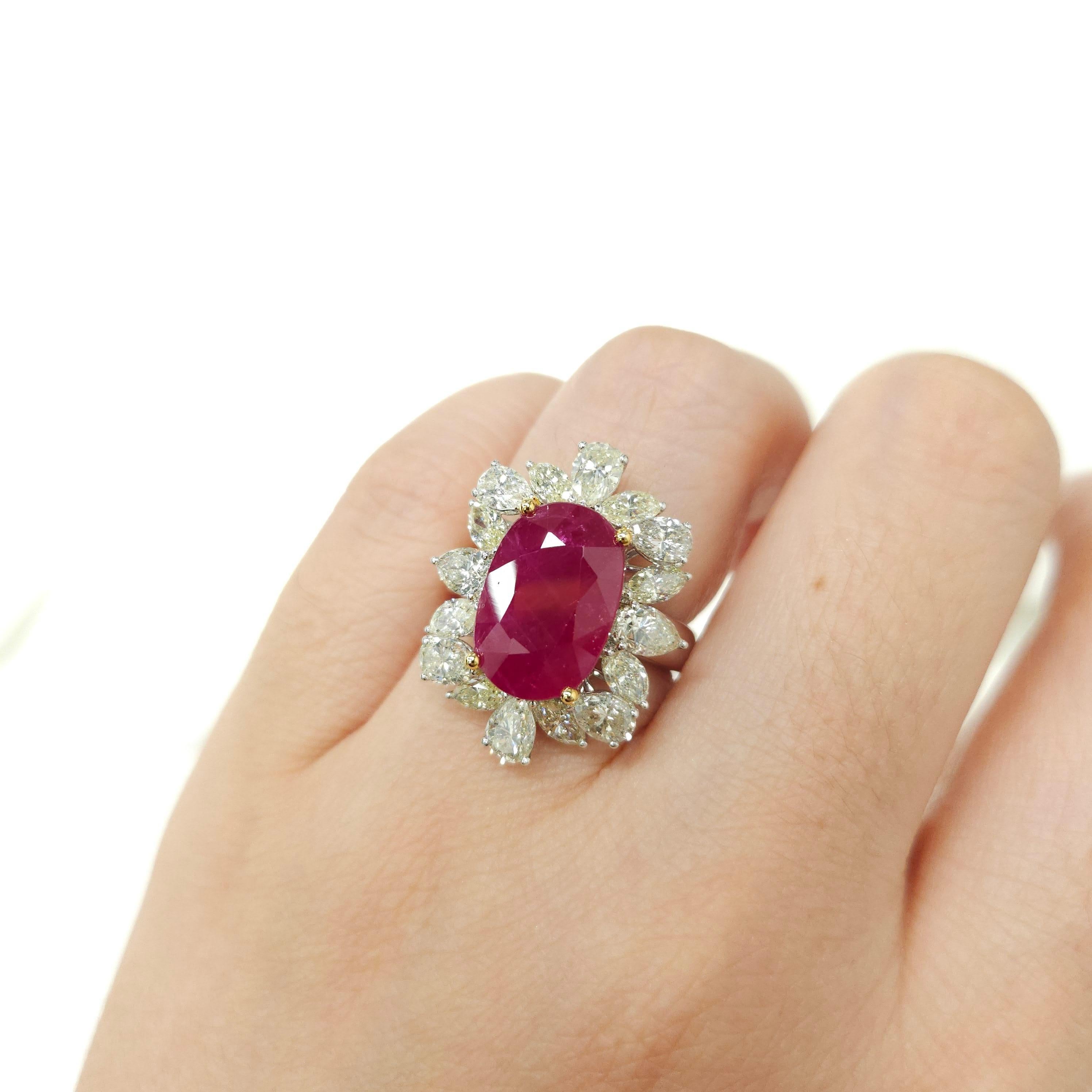 IGI Certified 8.31 Carat No Heat Burmese Ruby & Diamond Ring in 18K White Gold For Sale 6